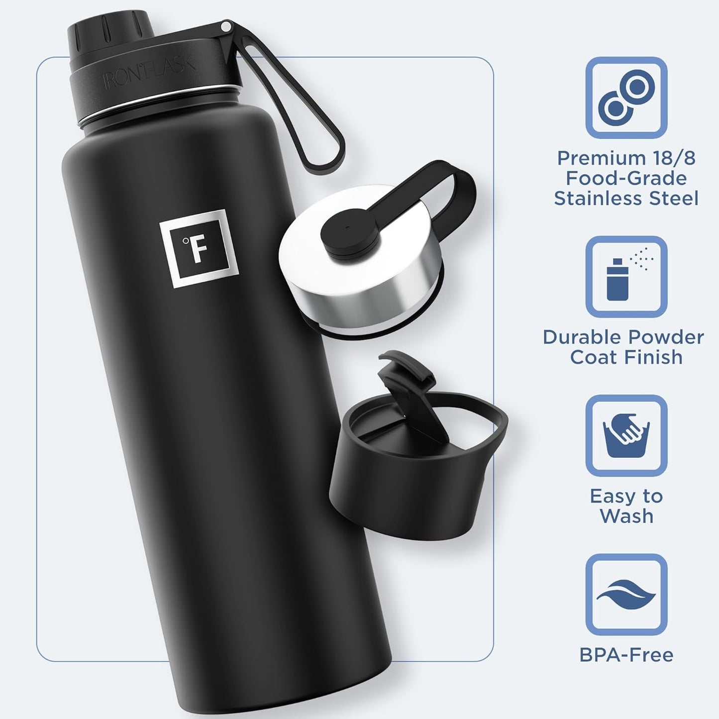 IRON °FLASK Camping & Hiking Hydration Flask with 3 Lids - Stainless Steel, Double Walled & Vacuum Insulated Water Bottle - Leak Proof & BPA Free (Sky, Spout - 40 oz)