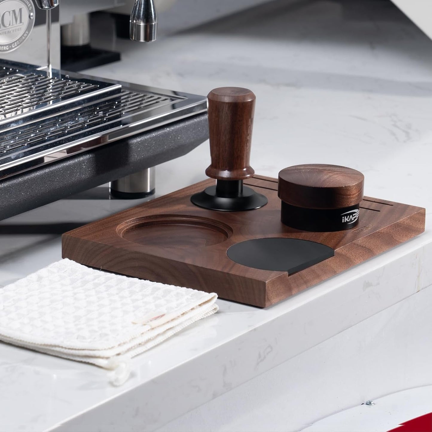 IKAPE 53MM Espresso Tamper Kit 5 IN 1, Wooden Coffee Tamper Set, Coffee Tamper, Distributor, Coffee Base, Puck Screen, Cleaning Towel - Essential for Baristas, Crafted from Durable Walnut Wood