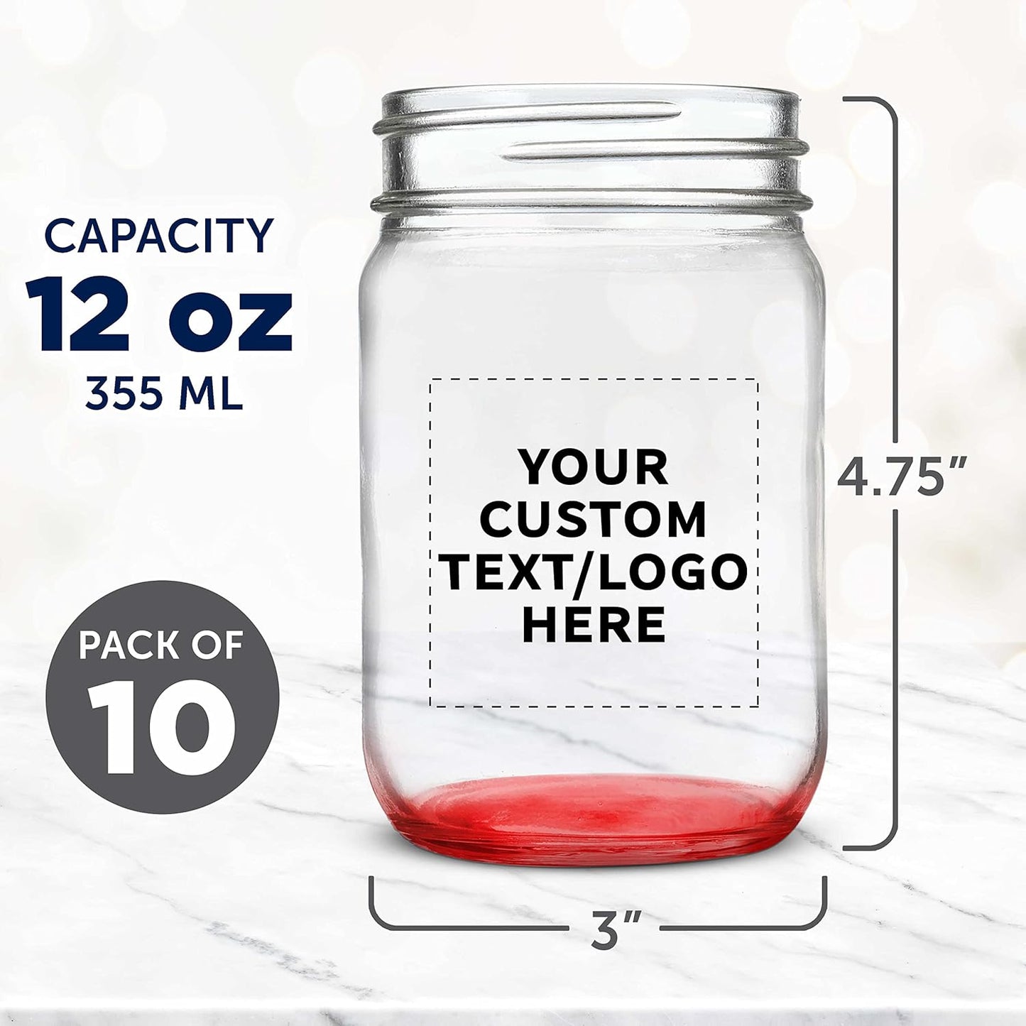 DISCOUNT PROMOS Custom Decorating Mason Jars 12 oz. Set of 10, Personalized Bulk Pack - Glass Jars for Overnight Oats, Candies, Fruits, Pickles, Spices, Beverages - Red