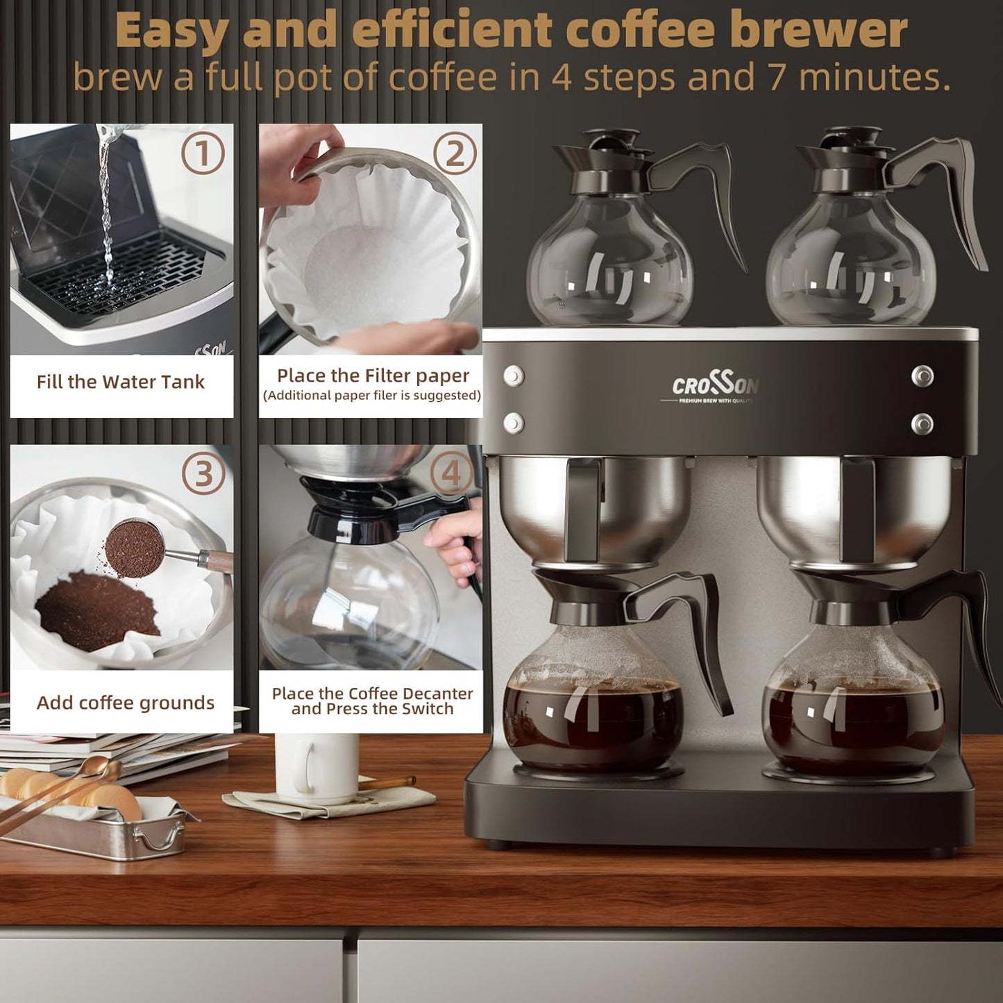 crosson 200 Cup/hour Commercial Drip Coffee Maker, 7.2L Pour Over Coffee Brewer with 4 Glass Decanter&Warmers and Easy Clean Fingerprint Free Housing and 304 Stainless Steel Funnel,