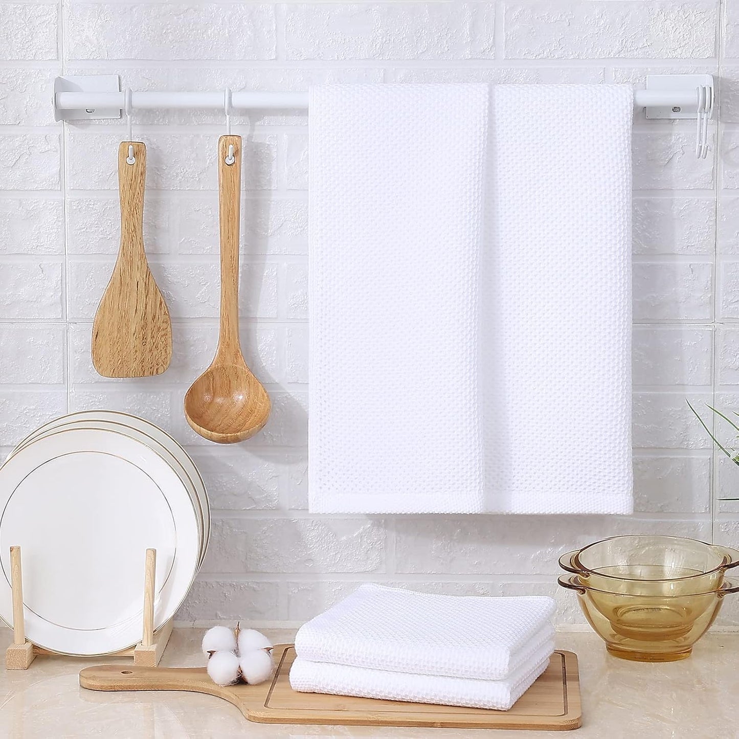 Kitinjoy 100% Cotton Waffle Weave Kitchen Towels, 12-Pack Super Soft and Absorbent Dish Towels for Drying Dishes, Kitchen Hand Towels, 13 in x 28 in, White