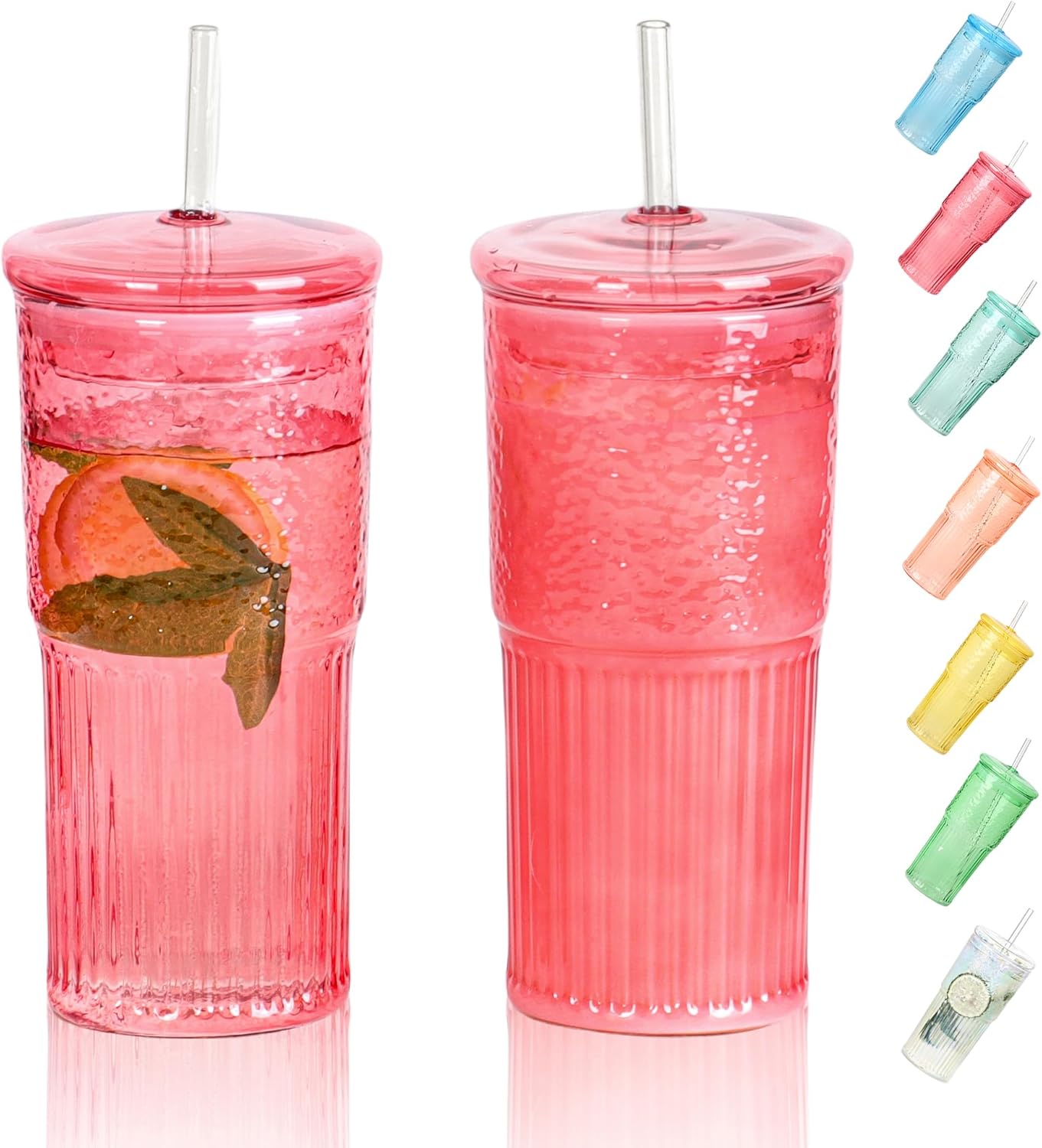 20 OZ Glass Cup with Lids and Glass Straws, High Borosilicate Iced Coffee Glass Tumblers with Lid and Straw for Drinks, 2pcs Reusable Wide Mouth Smoothie Cup(Red)