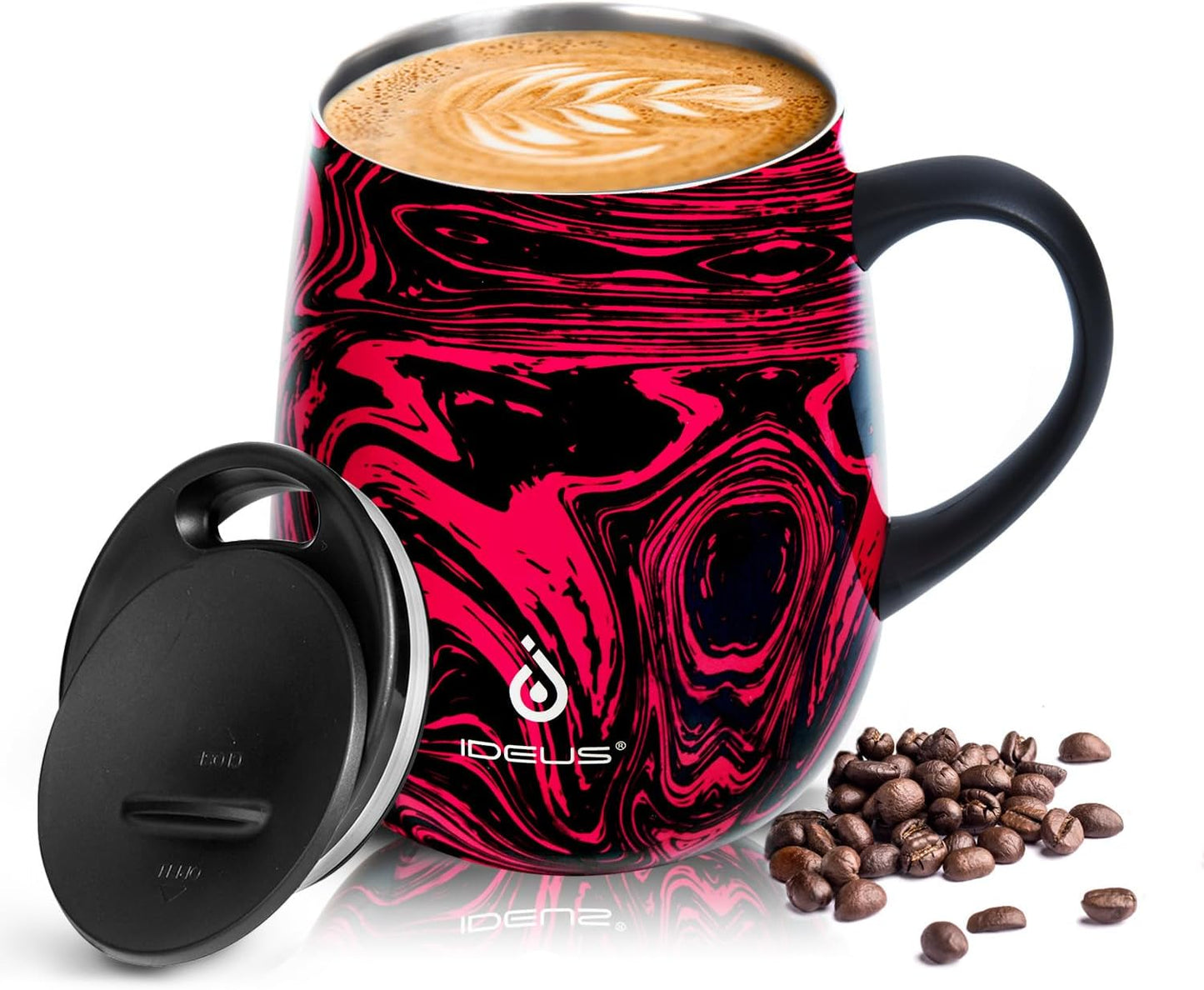 Ideus 16 oz (470 ml) Insulated Coffee Mug with Handle and Lid, Double Wall Stainless Steel Vacuum Thermal Coffee Mug, Travel Coffee Cup Thermal Cup for Home and Office (Red Zebra)