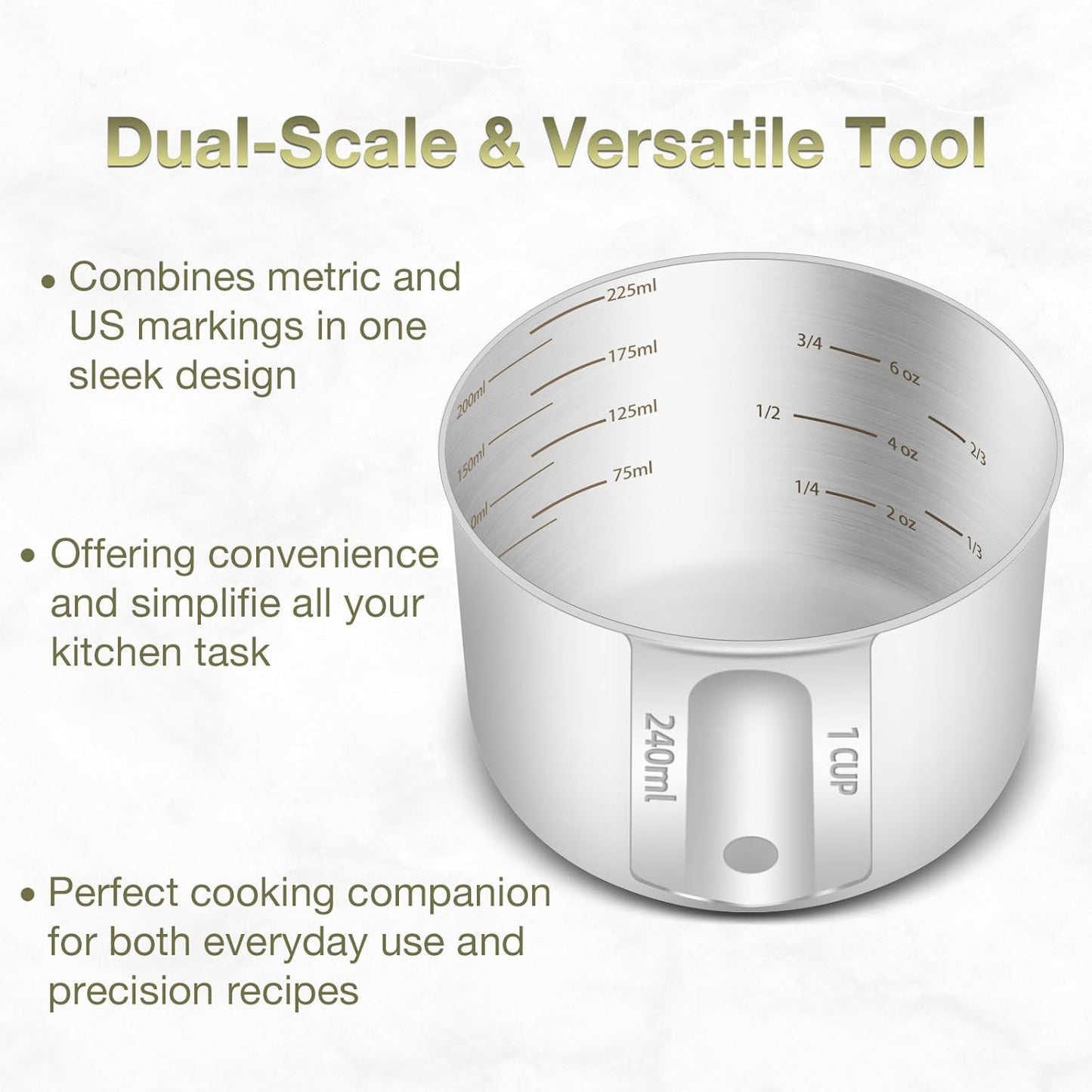 1PCS 1Cup (240ml, 8oz) Single Measuring Cup, Etched Inner Scale Stainless Steel Measure Scoop, Metric and US Measurement, Dishwasher Safe
