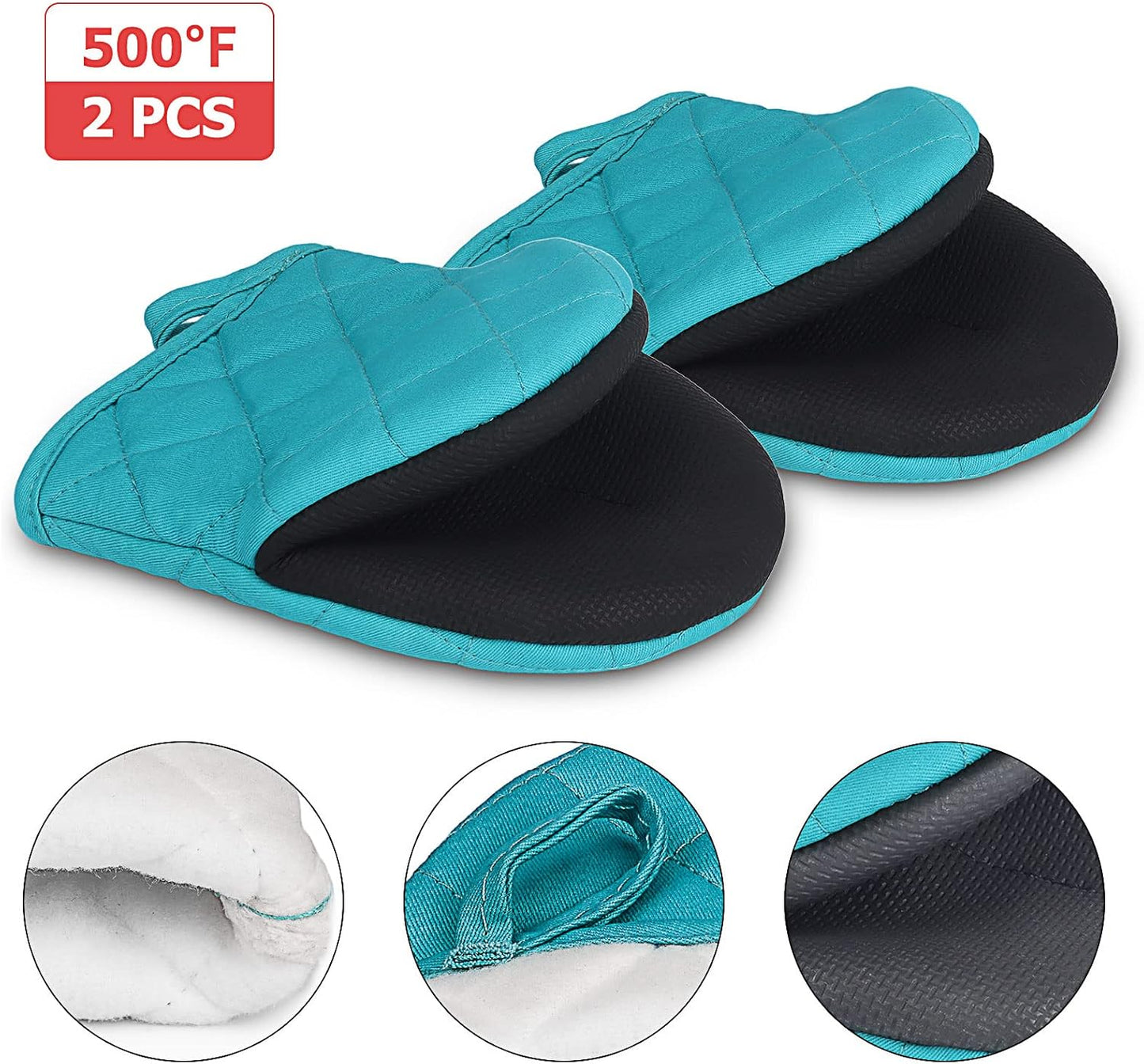 1 Pair Short Oven Mitts, Heat Resistant Silicone Kitchen Mini Oven Mitts for 500 Degrees, Non-Slip Grip Surfaces and Hanging Loop Gloves, Baking Grilling Barbecue Microwave Machine Washable