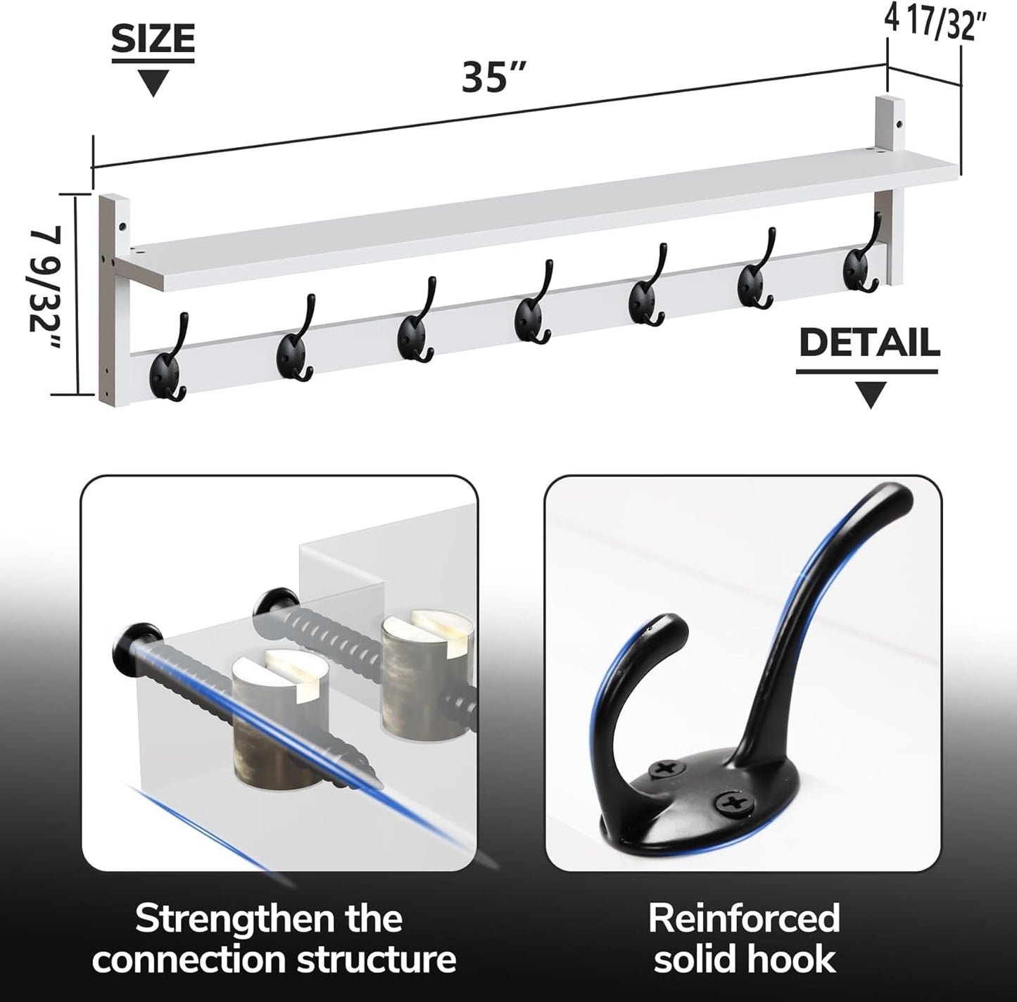 BAMEOS 35" L Wall Hooks with Shelf, Entryway Coat Hooks for Wall with Shelf, Wood Wall Hanging Shelf, Wall-Mounted Coat Rack with 7 Dual Metal Hooks for Bathroom, Kitchen, Living Room, Bedroom (White)