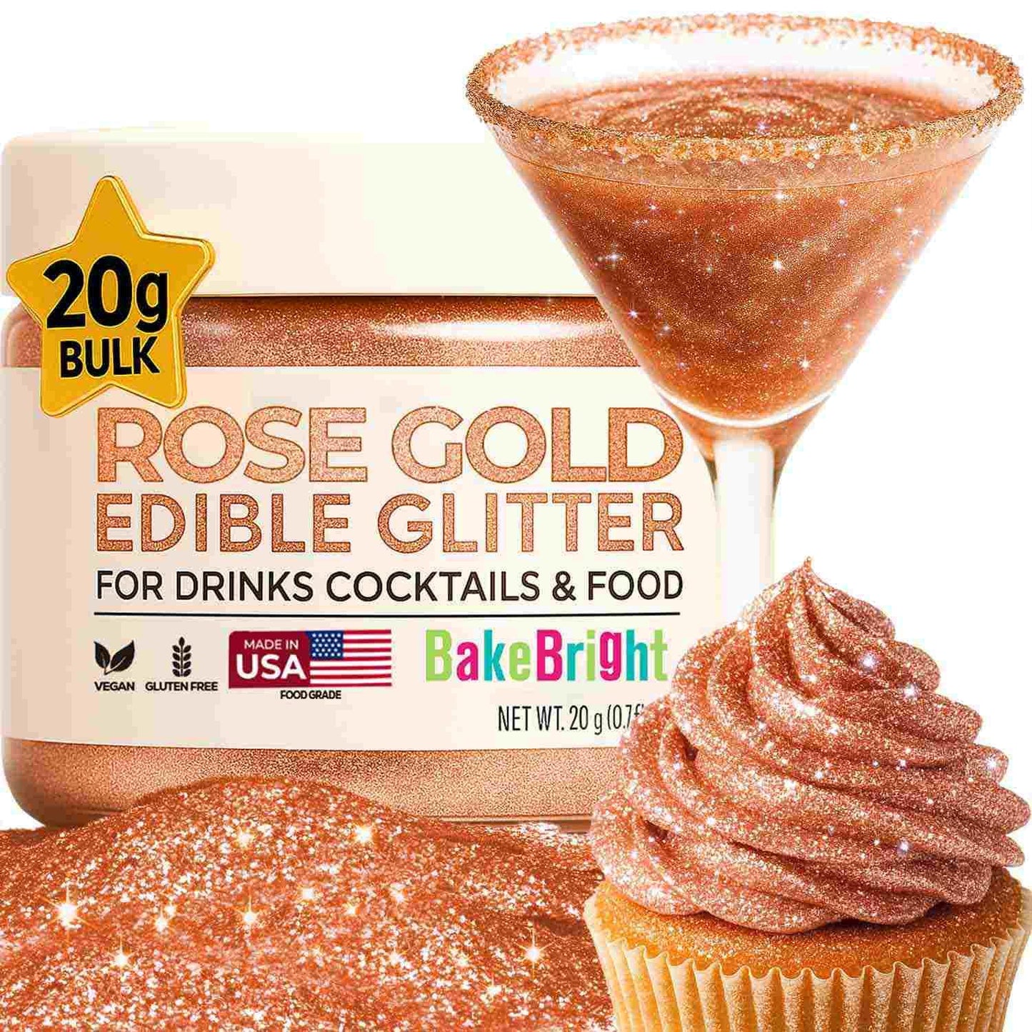 Bulk (20g) Rose Gold Edible Glitter for Drinks Edible Glitter for Cakes, Drink Glitter Brew Glitter Rose Gold Edible Glitter Cake Decorations Edible Rose Gold Glitter for Strawberries Cocktail Glitter