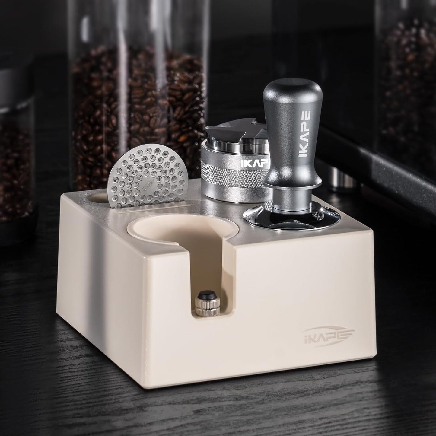 IKAPE 58MM Espresso Tamper Kit Silver 8 IN 1, Coffee Tamper Set comprising a Tamper, Distributor, Magnetic Dosing Funnel, Puck Screen, Station, WDT Tool, along with a Cleaning Towel and Brush