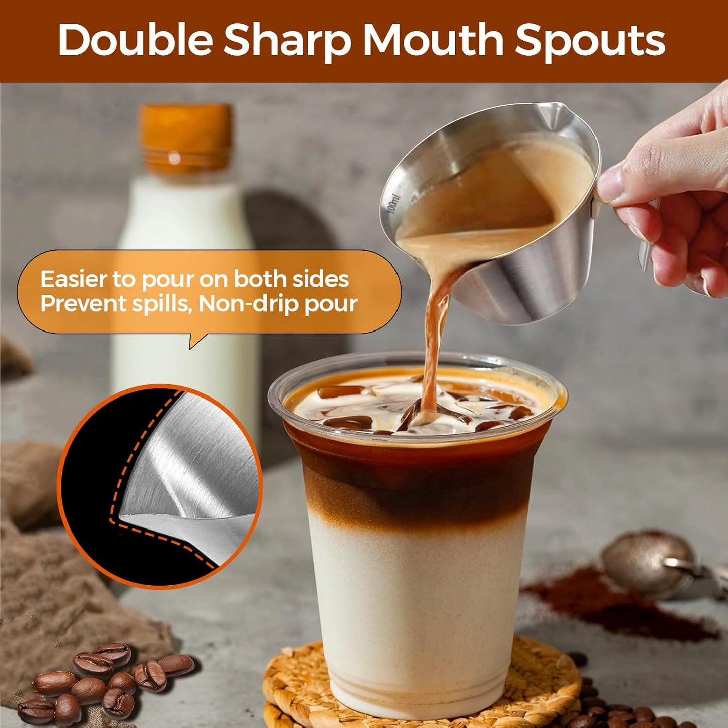 2 Pcs Stainless Steel Espresso Cups with Handle, Double Spout Metal Measuring Cup with Dual Scale, Espresso Shot Cup with V-Shaped Mouth, 3.4oz/100ml (Black)