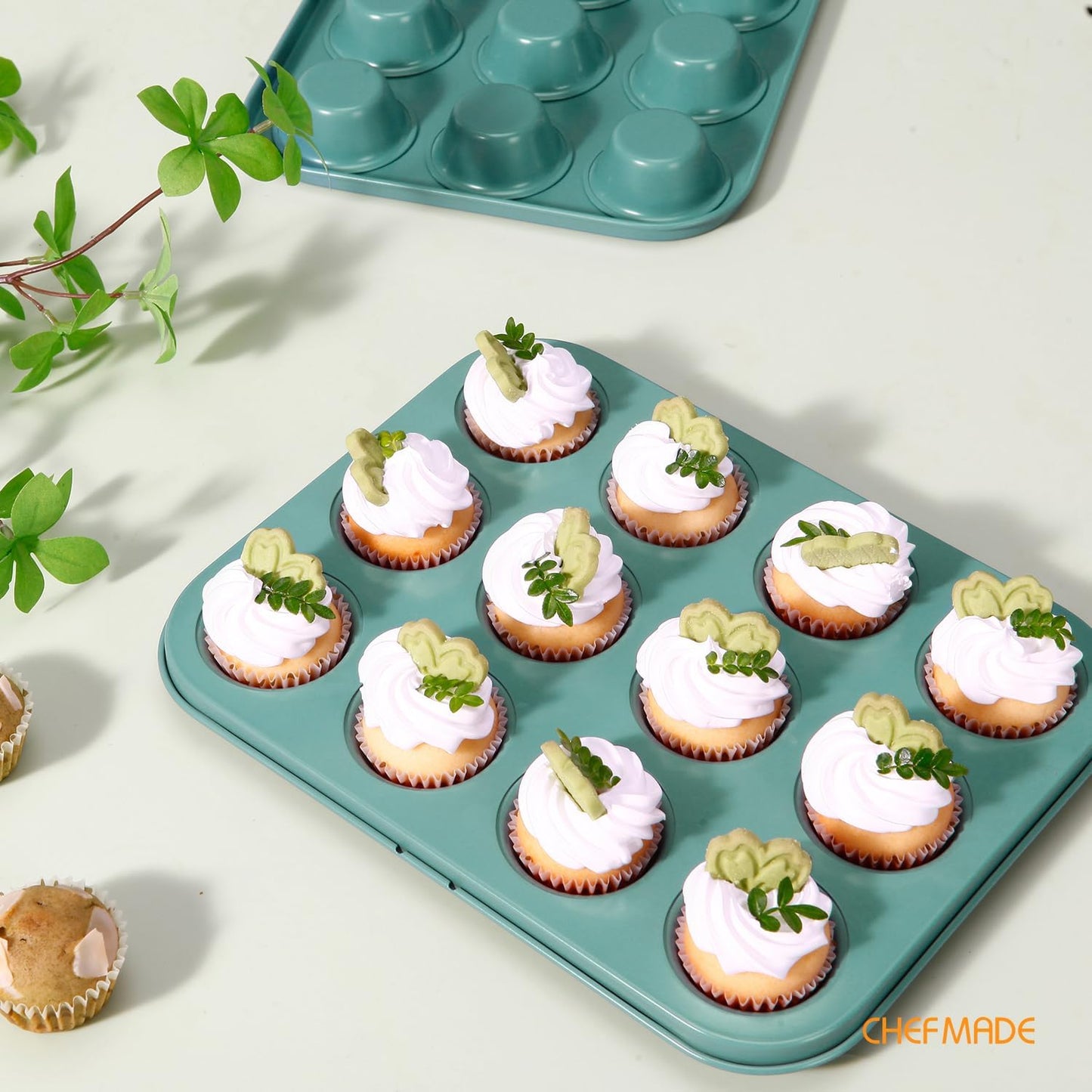 CHEFMADE Mini Muffin Cake Pan, Nonstick 12 Cavity Mini Muffin Bakeware Cupcake Pan for oven Baking（Green）