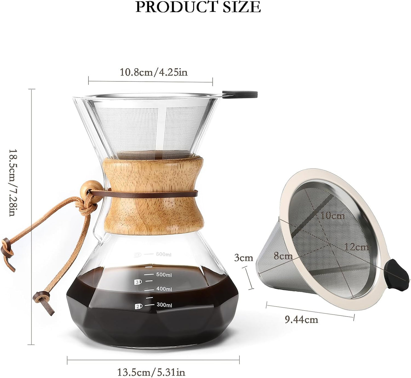 Pour Over Coffee Maker with Stainless Steel Filter, 20 oz Borosilicate Glass Coffee Carafe, Wooden Collar, Coffee Maker Carafe, Hold 3-4 Cups, 600 ml, Clear