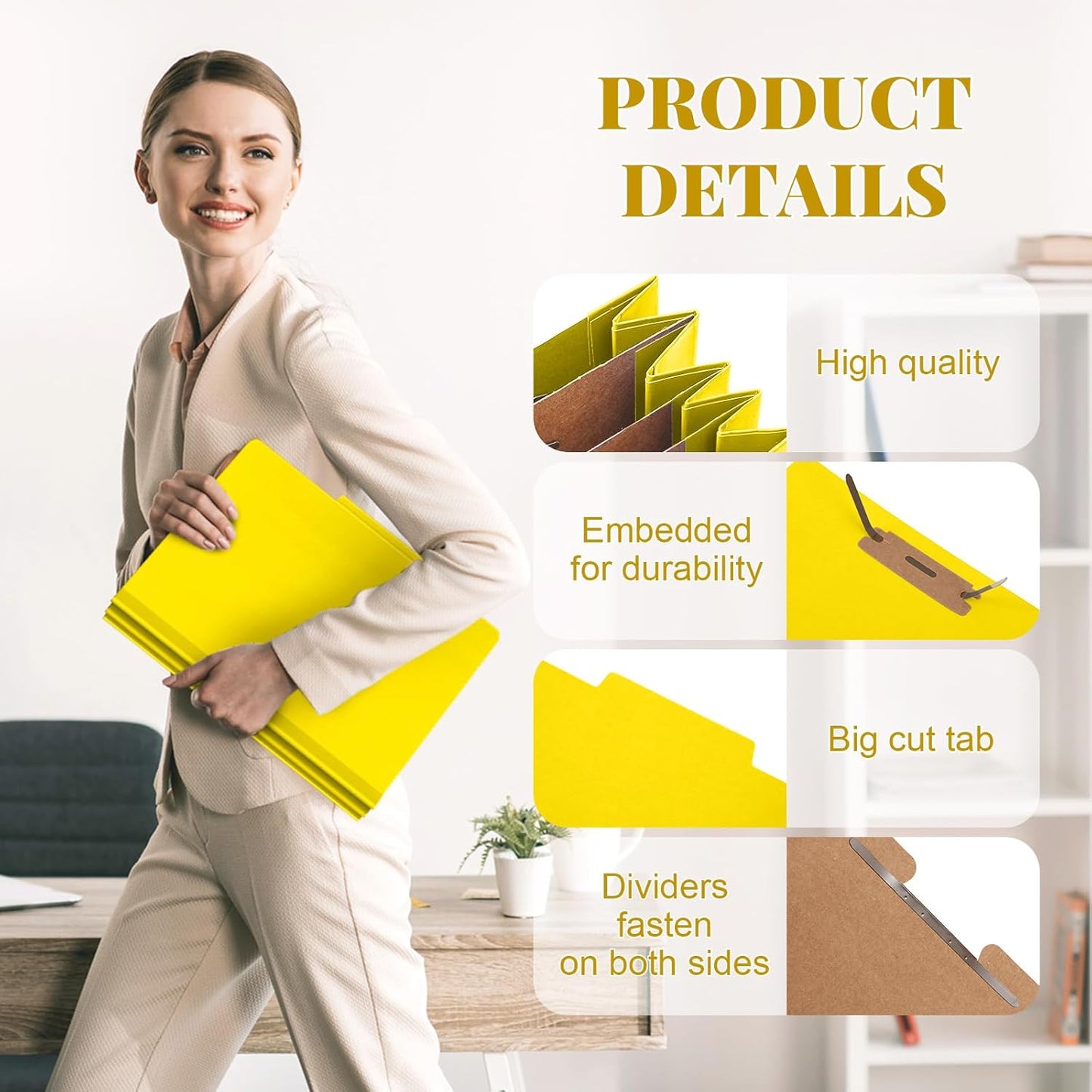 48 Pcs Classification Folders Letter Size, Back to School Supply for Teacher, Student, 3 Dividers Pressboard File Folder Bulk with 2 Fasteners, 3.5 Inch Expanding File Organizer (Yellow)