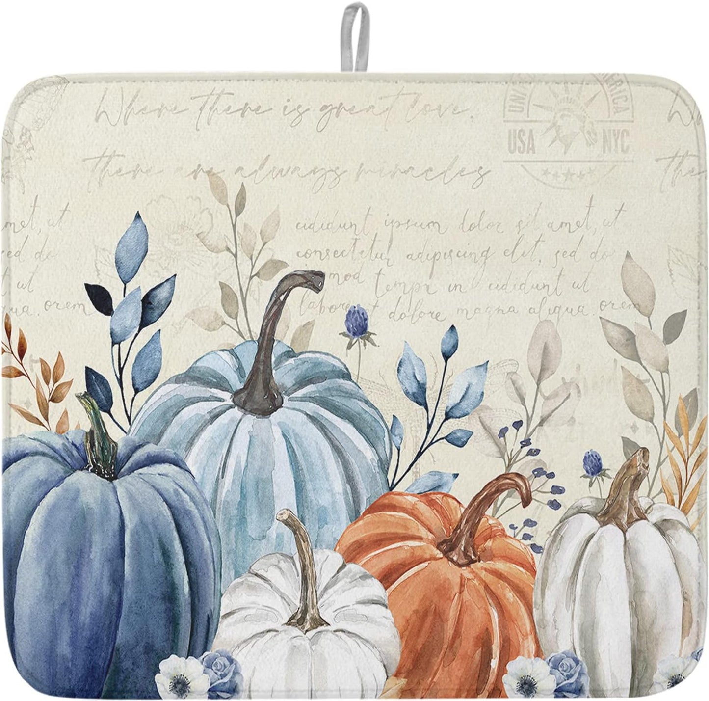 Fall Dish Drying Mat for Kitchen Counter Blue Pumpkin Drying Pad Absorbent Drying Mats for Countertops Sinks Draining Racks Floral Leaves Drainer Holiday Harvest Thanksgiving Decorations 16x18