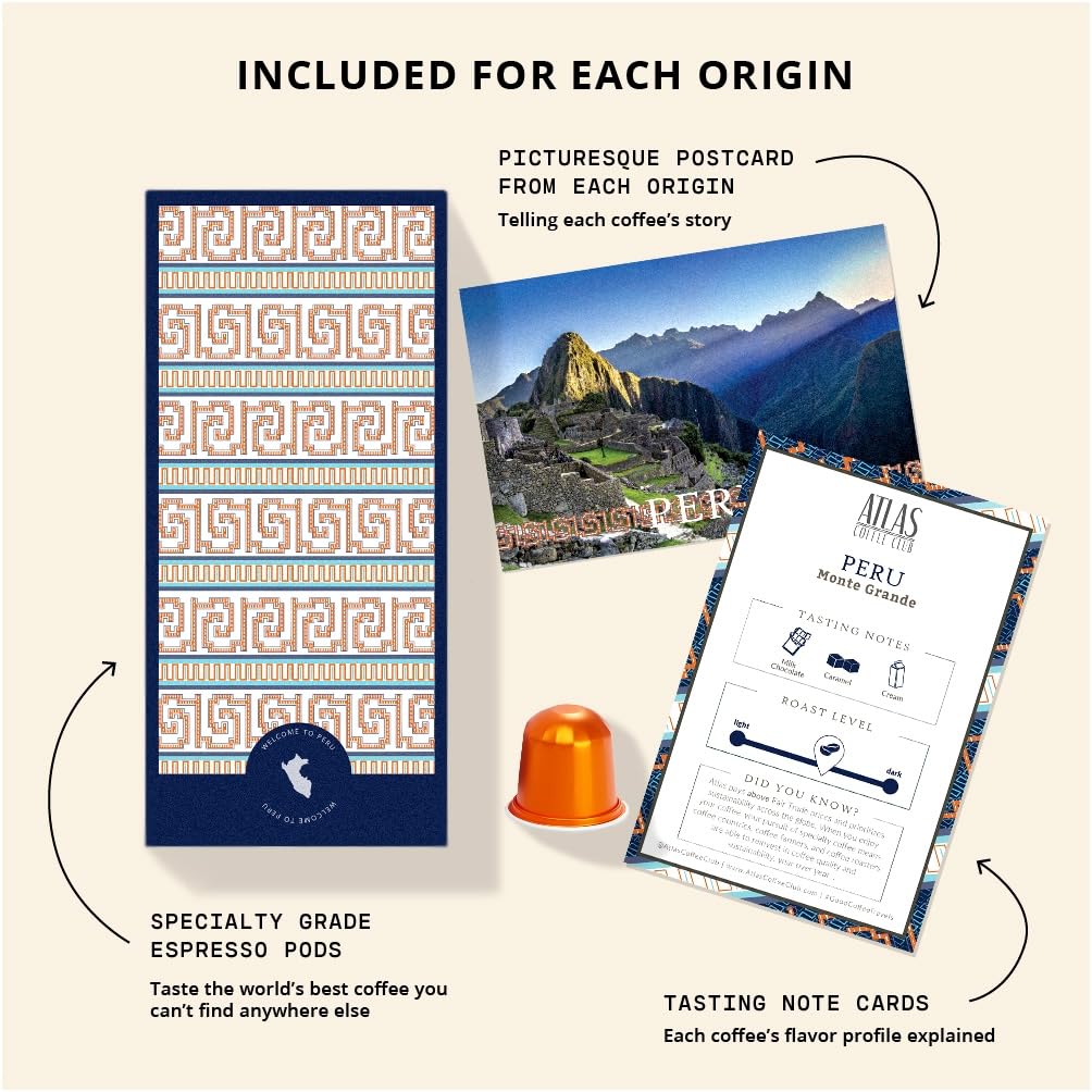 Atlas Coffee Club Espresso Pods Compatible with Nespresso Original– All Roast Variety Pack (80 Count)– Aluminum Capsules from El Salvador, Nicaragua, Peru & Uganda– Intensity 8-12