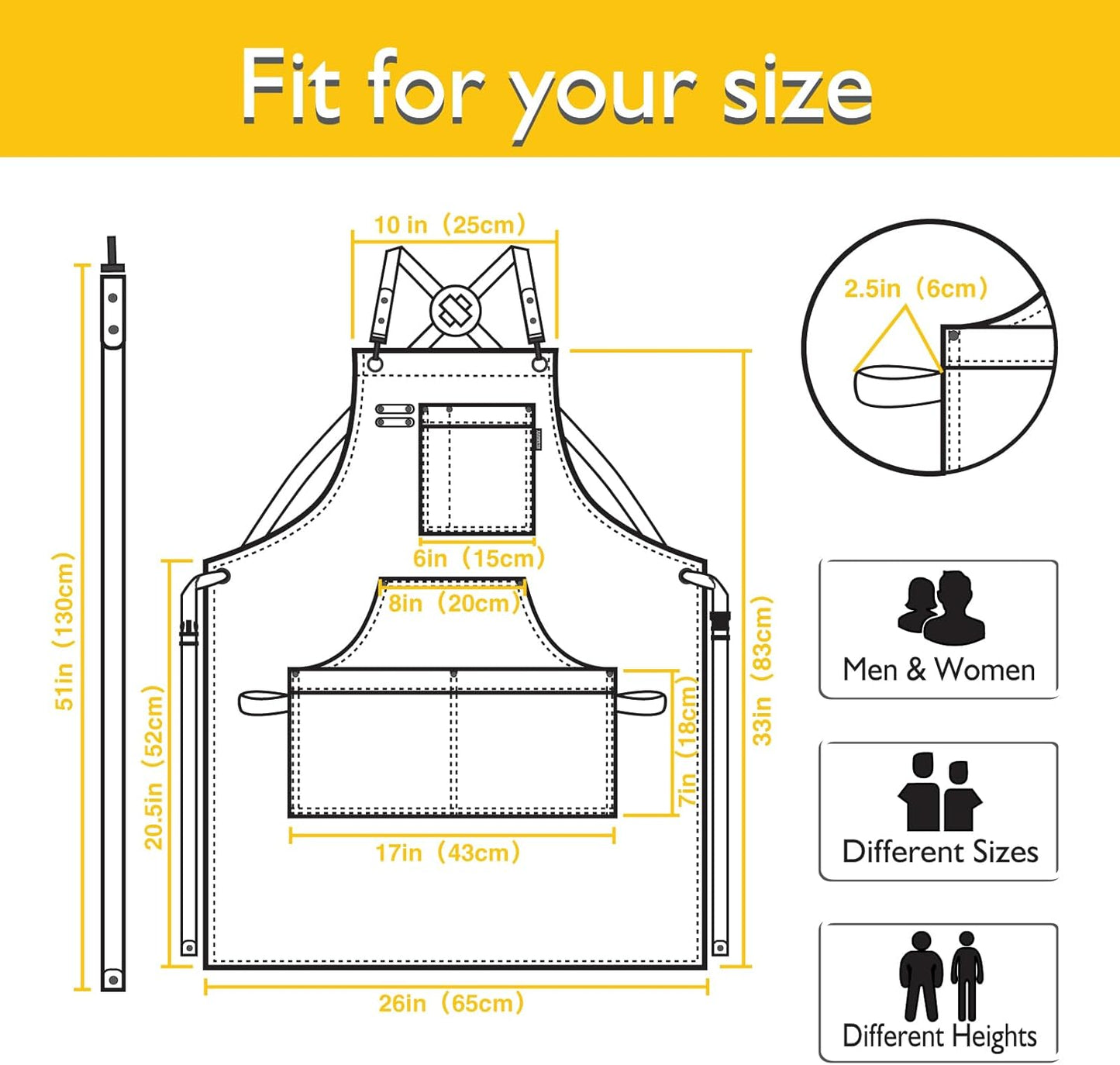 Kitchen Apron, Work Apron, Canvas, Multiple Pockets, Gardening, Painting, BBQ, Artist, Carpenter, Sizes M to XXL, Yellow