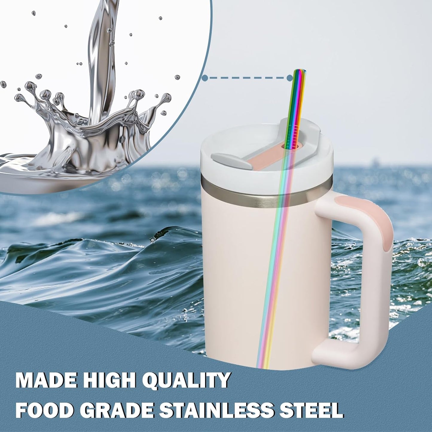 for Stanley Quencher 40oz Tumbler 6x Metal Stainless Steel Straws, 12inch Replacement Extra Long/Tall Straws for Stanley Cup 40oz Drinking Reusable Accessories (6x Straight,10mm Colorful)