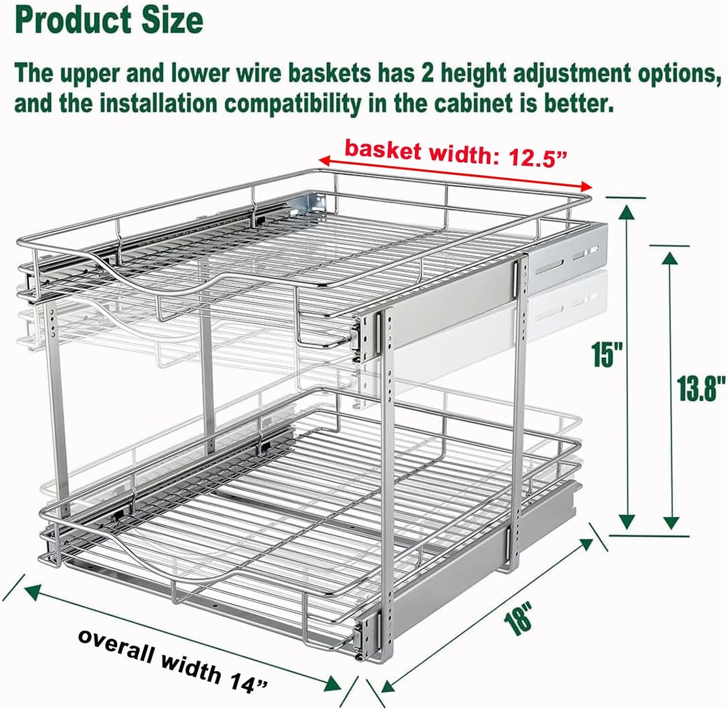 DINDON 2 Tier Pull Out Cabinet Organizer (14" W X 18" D), Double Tier Wire Basket Slide Out Shelf Storage for Kitchen Base Cabinet Organization for Kitchen, Pantry, Bathroom, Chrome