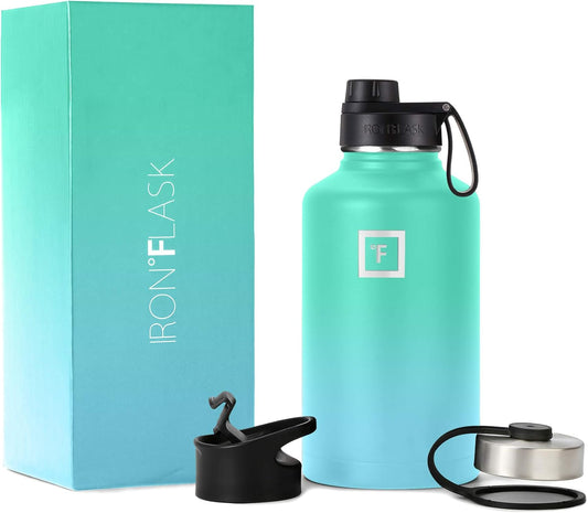 IRON °FLASK Camping & Hiking Hydration Flask with 3 Lids - Stainless Steel, Double Walled & Vacuum Insulated Water Bottle - Leak Proof & BPA Free (Sky, Spout - 64 oz)