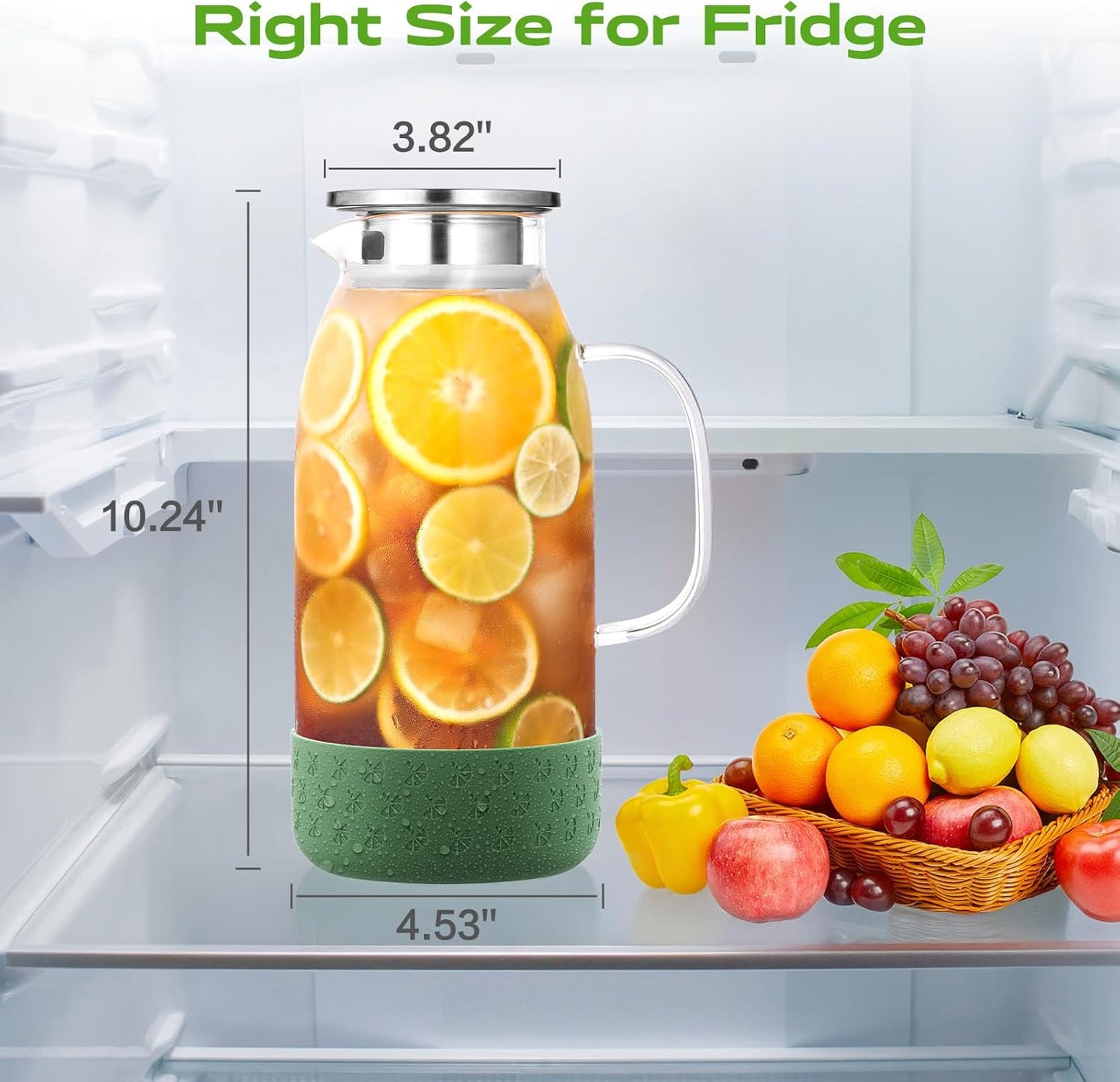 Glass Pitcher with Lid, ZBUFAN 68oz/2 Liter Glass Water Pitcher with Handle and Lid, Anti-Slip Base Juice Jug for Ice Tea, Sun Tea, Sangria, Lemonade Fridge Pitchers for Drinks Green
