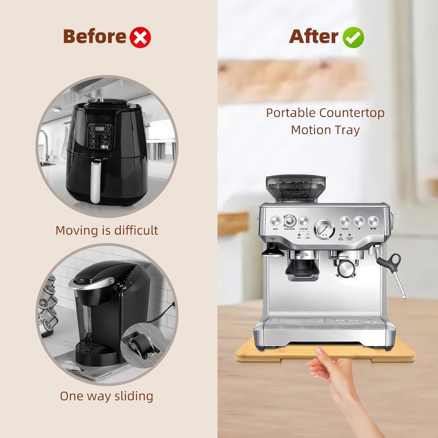 360° Rolling Tray Bamboo Appliance Slider for Kitchen Appliances, for Breville Espresso Machine Accessories, Sliding Tray for Coffee Maker Appliances Mat Easily from Under The Cabinet Natural13"×15.7"