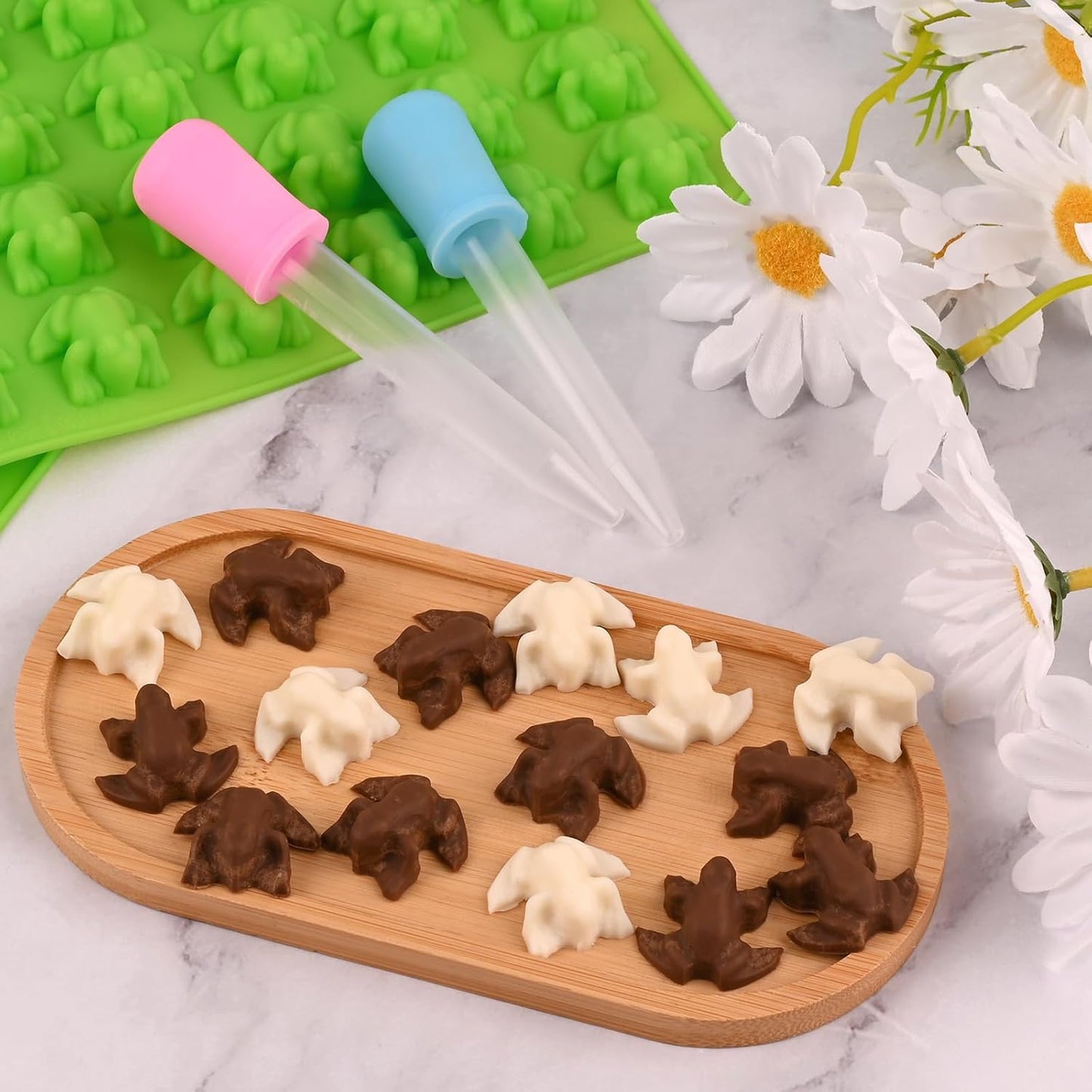 Sakolla Mini Frog Candy Molds Silicone, 100 Cavities Gummy Molds for Baking Hard Candy, Chocolate, Mint Candy, Set of 2 with 2 Droppers