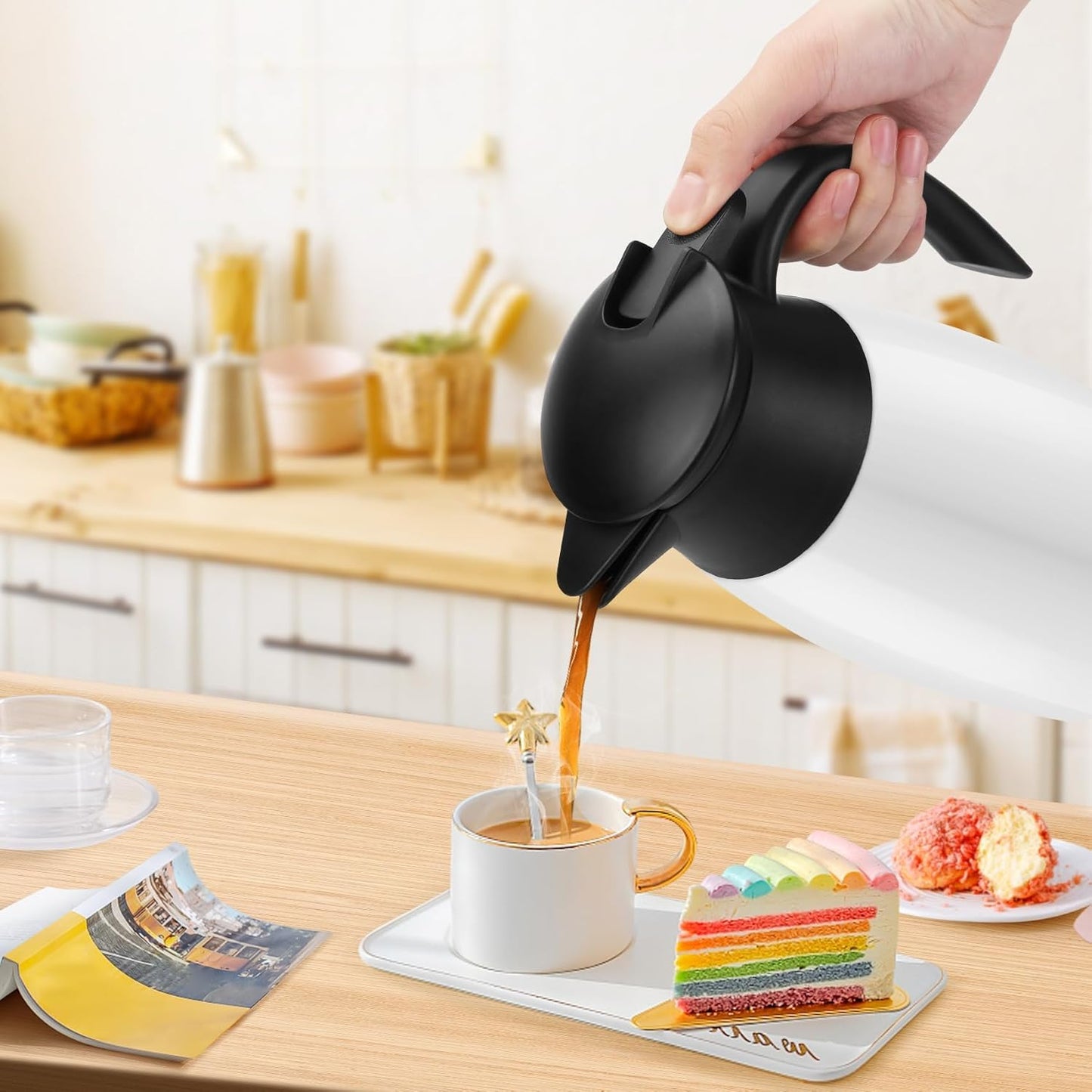 68oz Thermal Coffee Carafe, 2 Pack Airpot Insulated Coffee Urns Stainless Steel Vacuum Thermal Pot Dispenser for Coffee, Hot Water, Tea, Hot Beverage - Keep 12 Hours Hot, 24 Hours Cold (White)