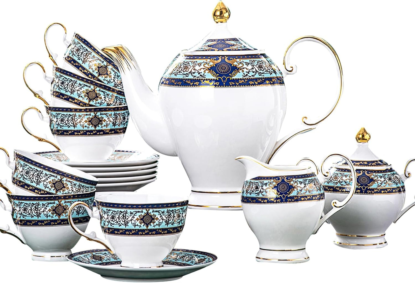 Euro Style Bone China Tea Set, 21 Piece Porcelain Tea Sets for 6 Adults, Bone China Tea Cup Set, Creamer Pitcher, Tea Set for Women Tea Party Set, Gift Package (21, Court)