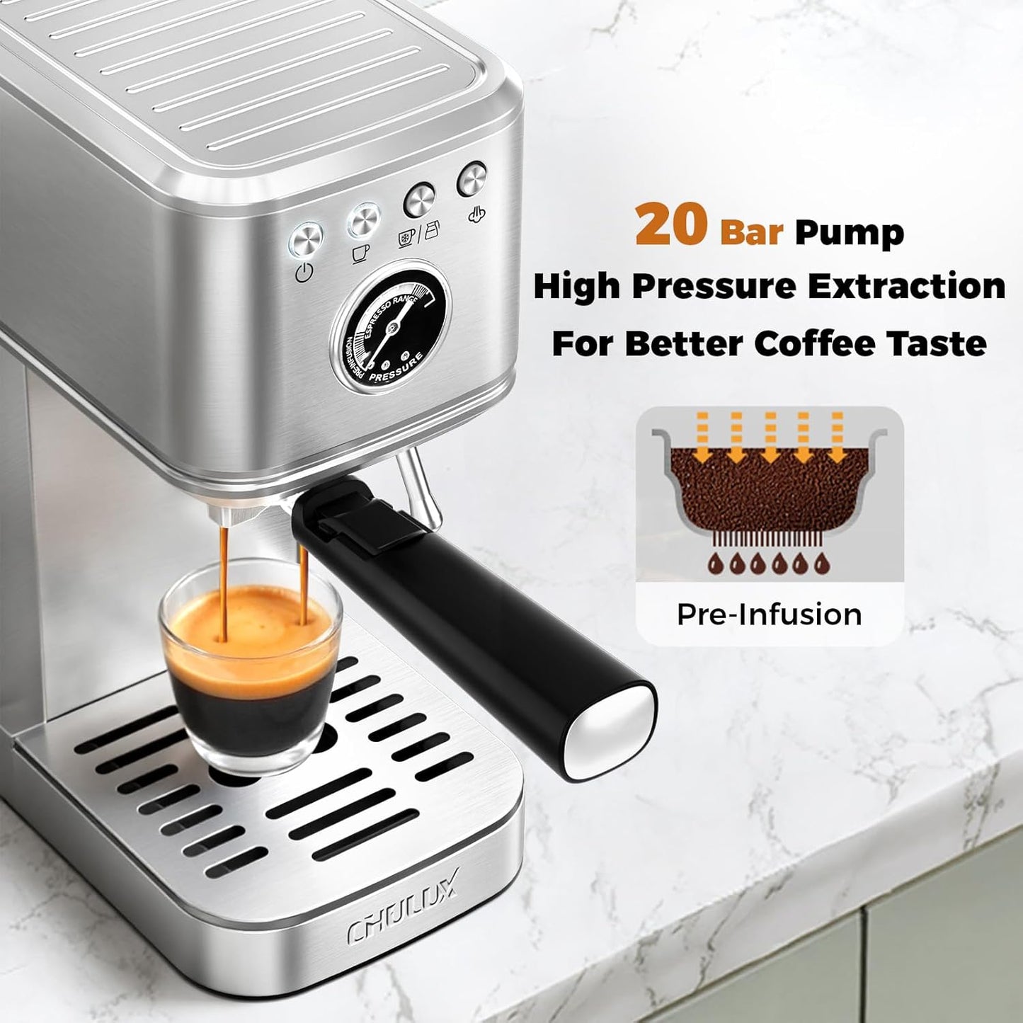 CHULUX Elite Espresso Machine 20 Bar, Hot and Ice Espresso Maker with Steam Wand for Americano, Latte, Cappuccino