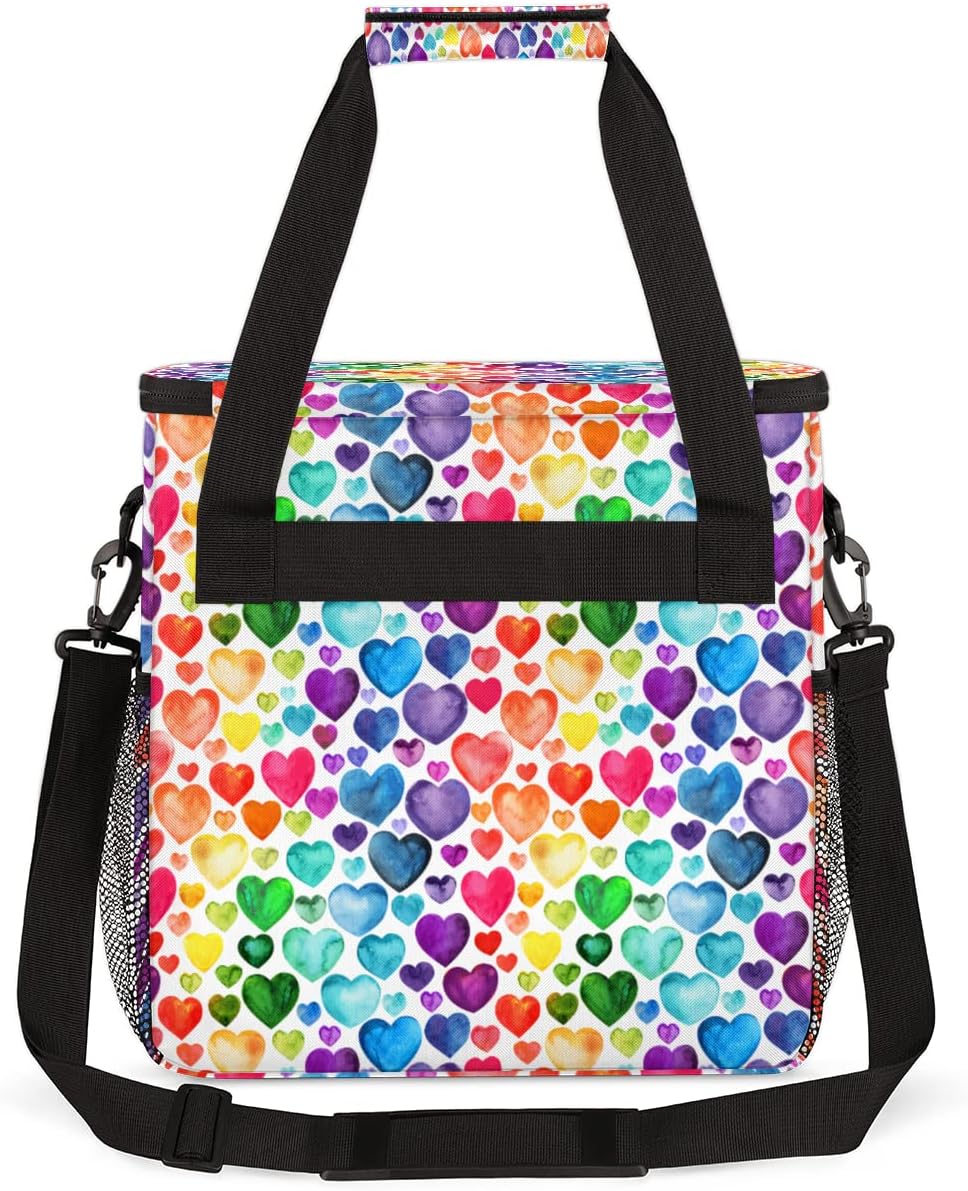 Watercolor Rainbow Hearts Pattern Coffee Maker Carring Bag Travel Storage Tote Bag Compatible with Keurig K-Mini or K-Mini Plus Portable Single Serve Coffee Brewer Case with Pockets for K-cup Pods