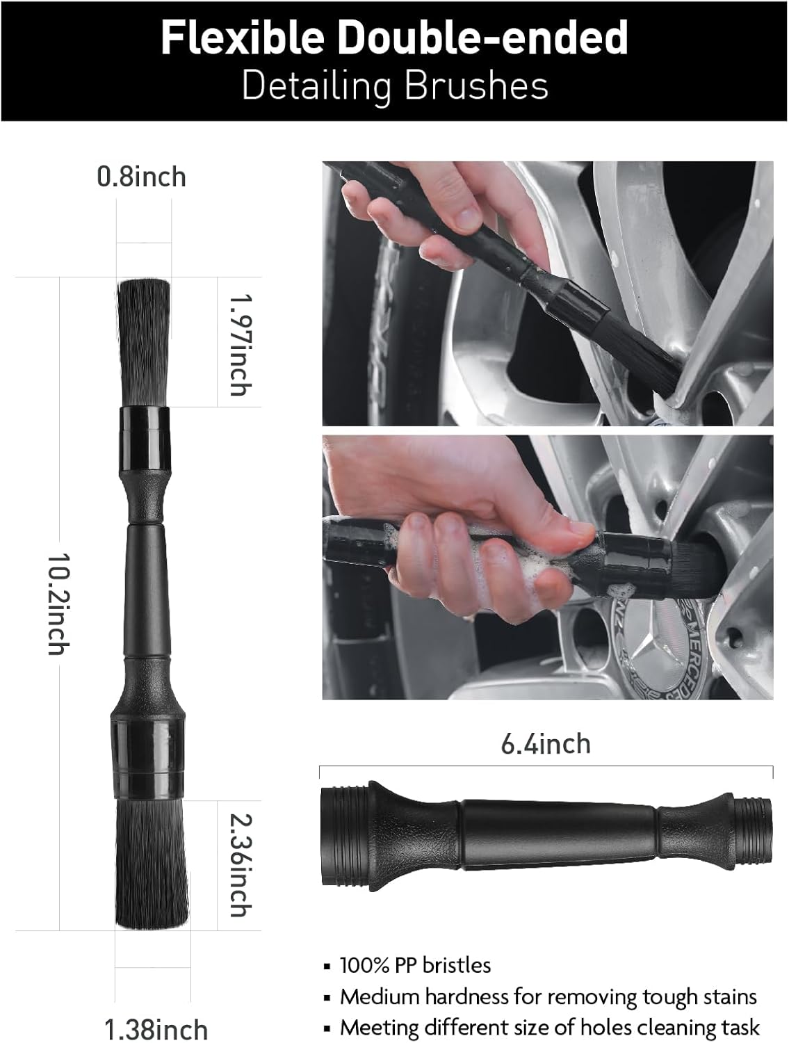 Fantasticlean 6PCS Car Wheel Cleaning Pro Kit, Tire Brush, Soft-bristled Rim Brush, Microfiber Bendable Brush, Double-Ended Detailing Brush, and Detailing Pads, Scratch-Free & Multipurpose