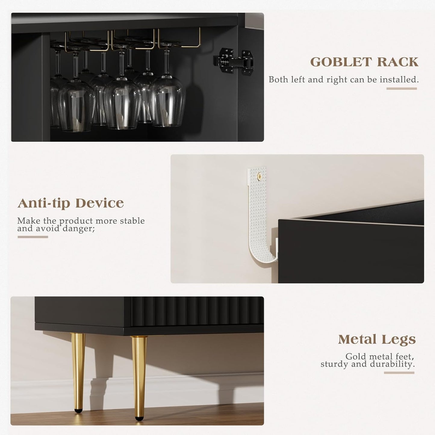 EOYUTLLY Coffee Bar Cabinet with Wine Rack & Glass Holder, Liquor Cabinet with Fluted Doors, Modern Sideboard Buffet Cabinet with Drawer Storage for Living Room Kitchen, Black