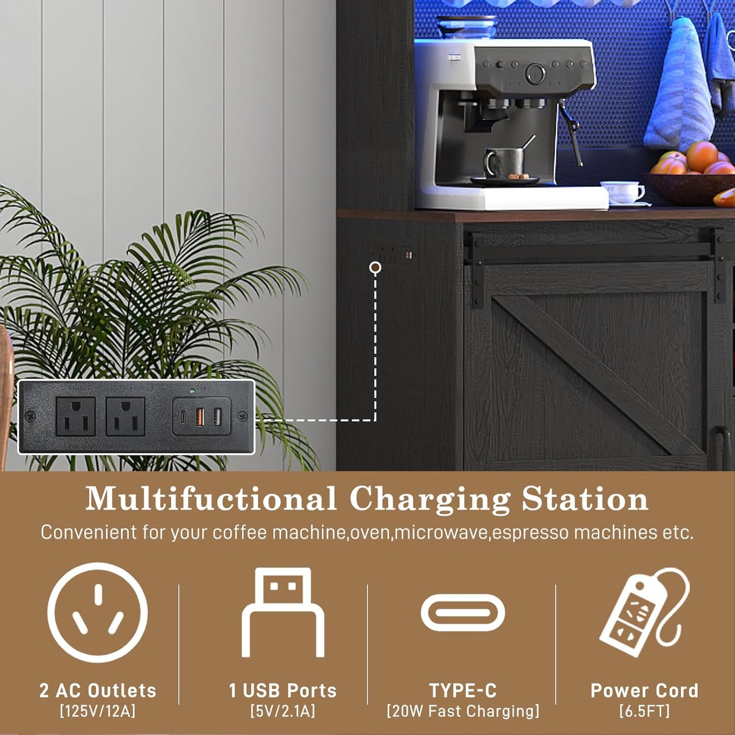 74" Tall 63" Wide Larg Bar Cabinet w/ Outlet,6000-color LED Light,Pegboard,Farmhouse Hutch Bar Cabinet w/Barn Door,2 Big Drawers,Adjustable Shelves,10 Wine & Glasses Rack,5 Hook for Kitchen,Black