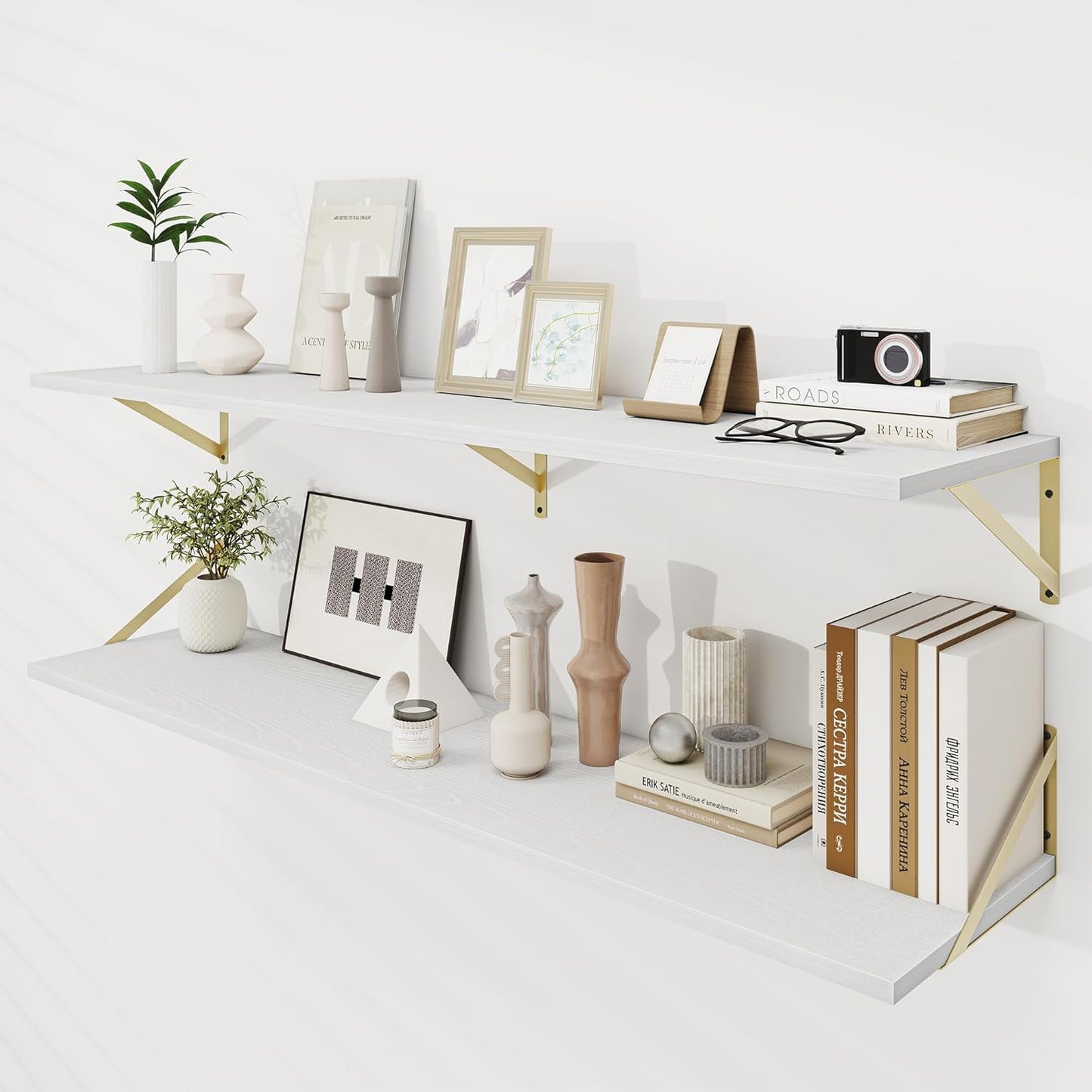 Floating Shelves for Wall, 12 Inch Deep Floating Shelves Set of 2, 55W x 12D Large Wall Shelf with Sturdy Metal Brackets for Living Room, Bathroom, Bedroom and Kitchen, White with Gold Bracket