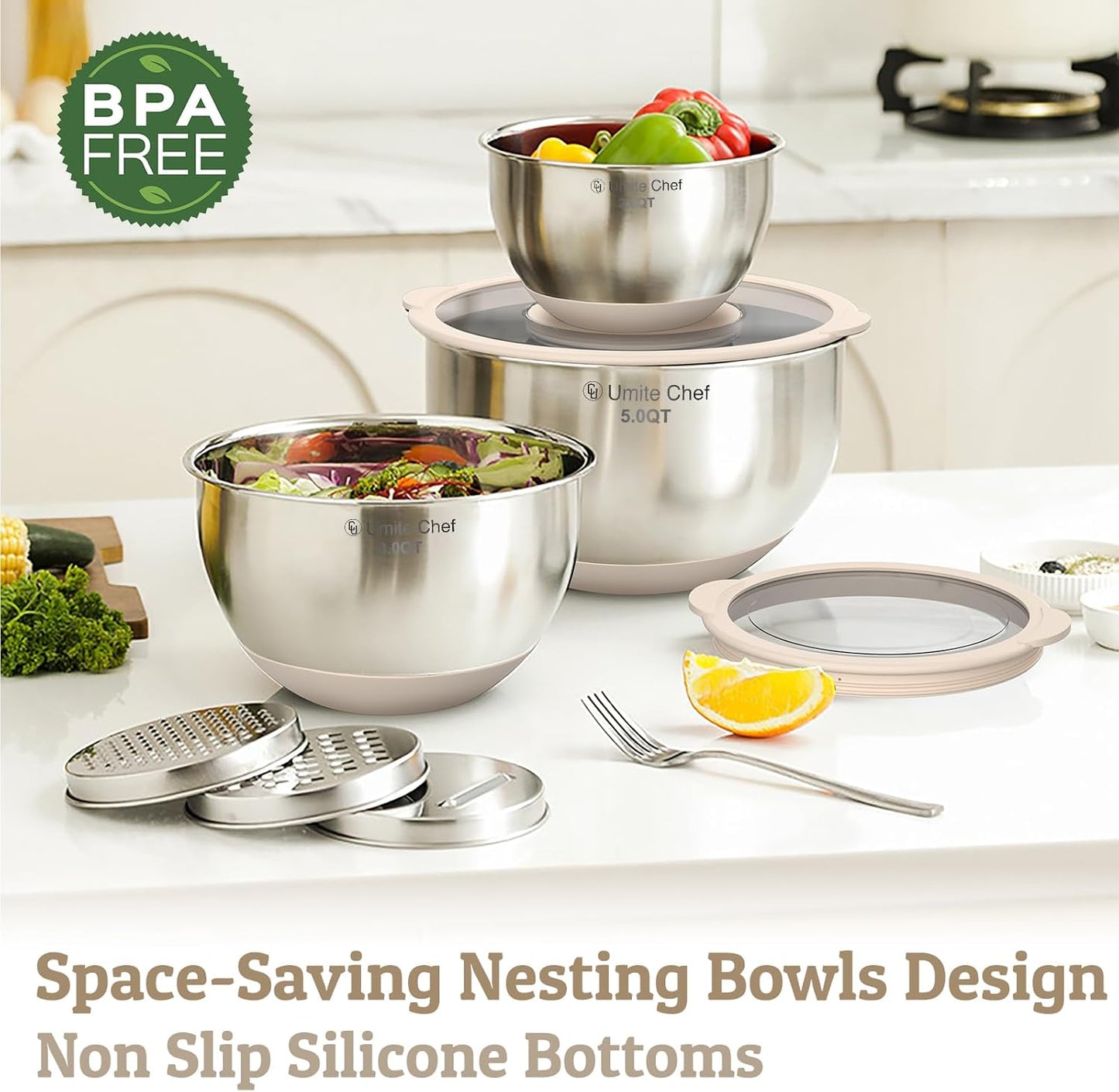 Mixing Bowles Set with Lids Set - Warp-Proof TPR-AS Lids, Stainless Steel Mixing Bowl with 3 Graters & Measuring Lines, Non-Slip Bowls for Baking, Prep, Airtight Food Storage (Khaki 5/3/2/1.5/0.63QT)