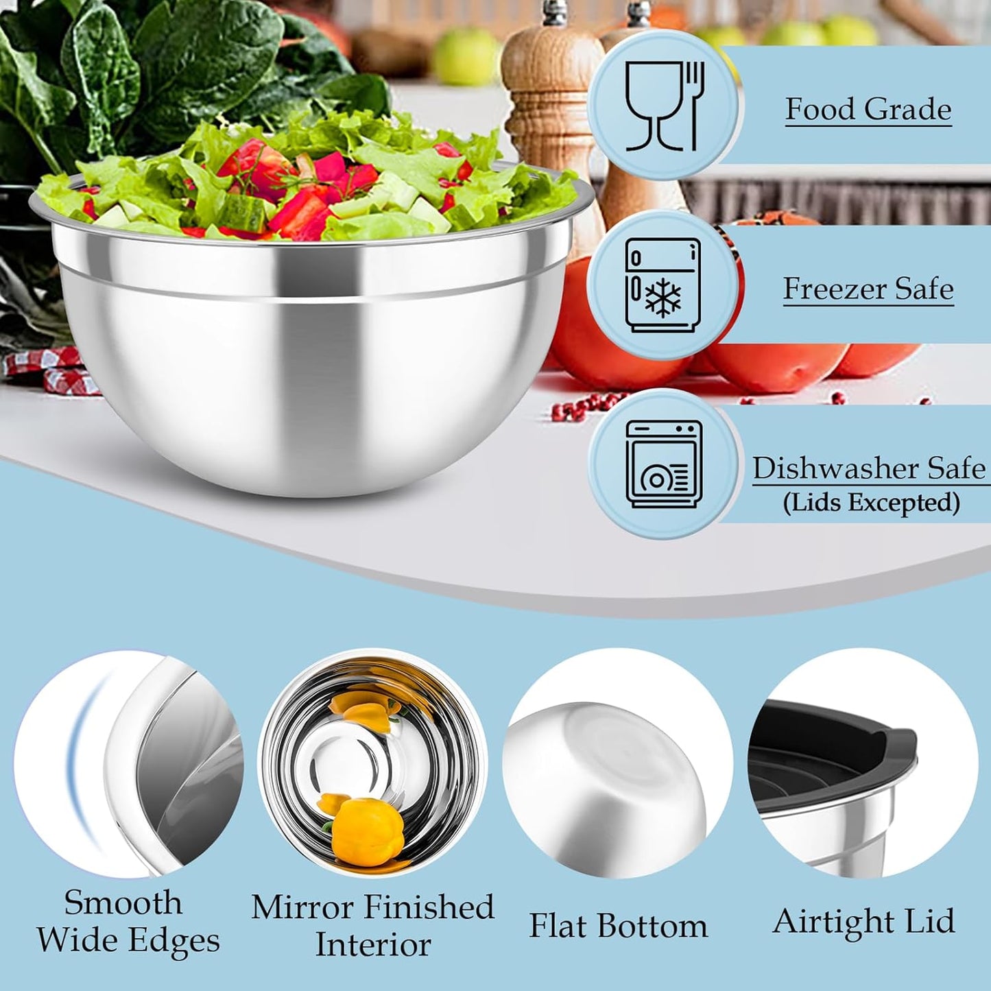 TeamFar Mixing Bowls Set of 6, Stainless Steel Nesting Mixing Salad Bowl with 3 Grater Attachments, for Food Cooking Prepping Storing, Black - Size 4.6/2.6/2 / 1.5/1 / 0.7 QT
