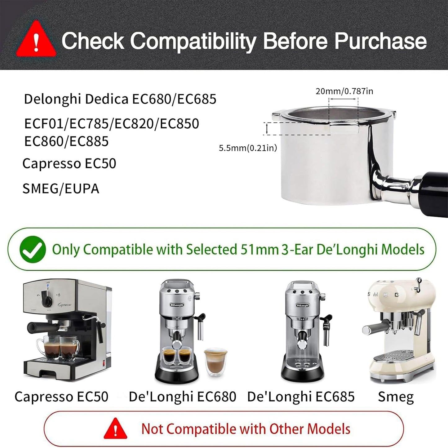 51mm Bottomless Portafilter for Delonghi Dedica EC680, EC685,SMEG and EUPA Coffee Machines, 3-Ear Design, Stainless Steel 51mm portafilter with Stainless Steel Double Shot Capacity Cup Filter Basket