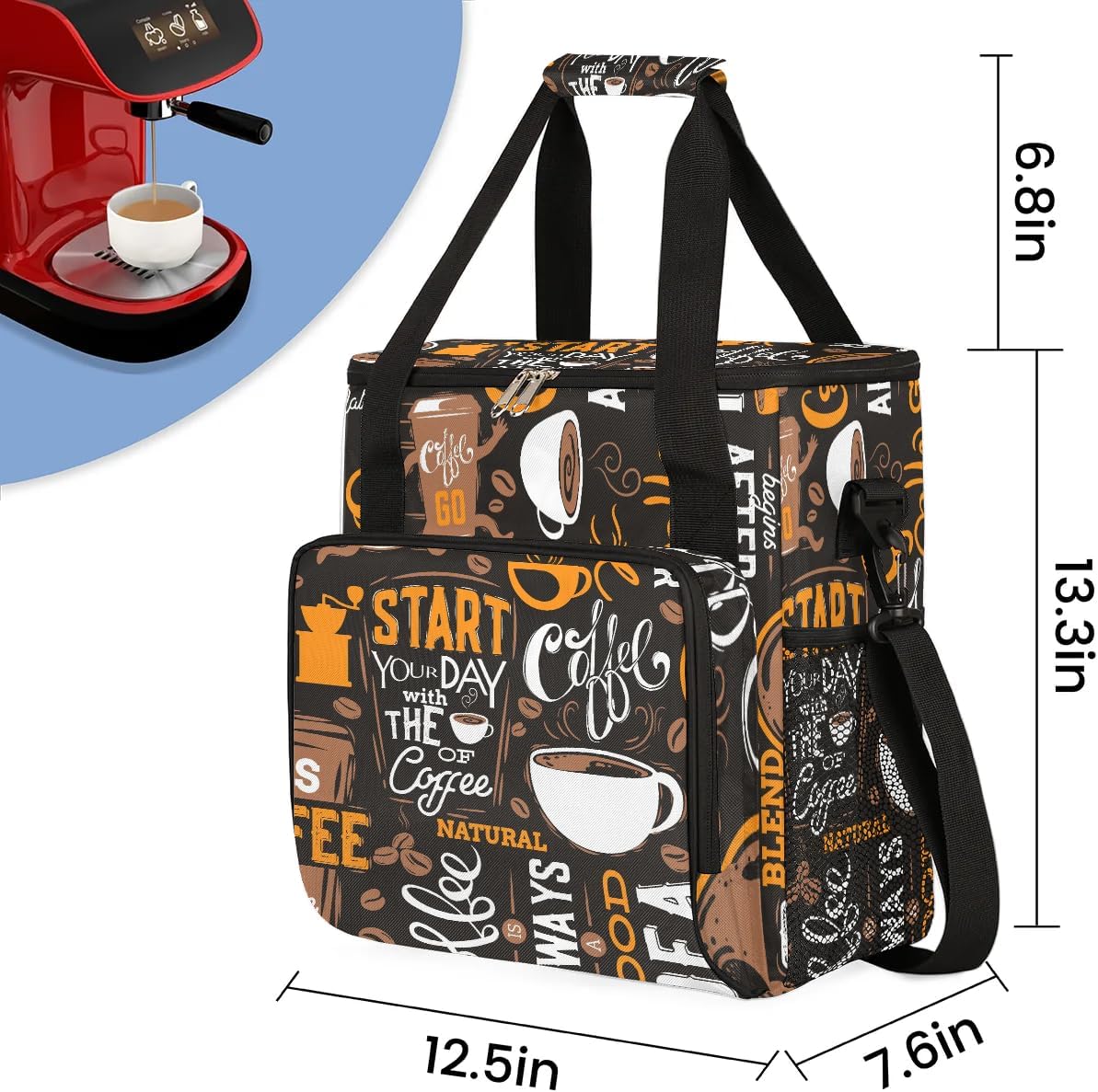 coffee beans cup yellow Coffee Maker Carring Bag Travel Carrying Storage Tote Bag Compatible with Keurig K-Mini or K-Mini Plus Portable Single Serve Coffee Brewer Case with Pockets for K-cup Pods