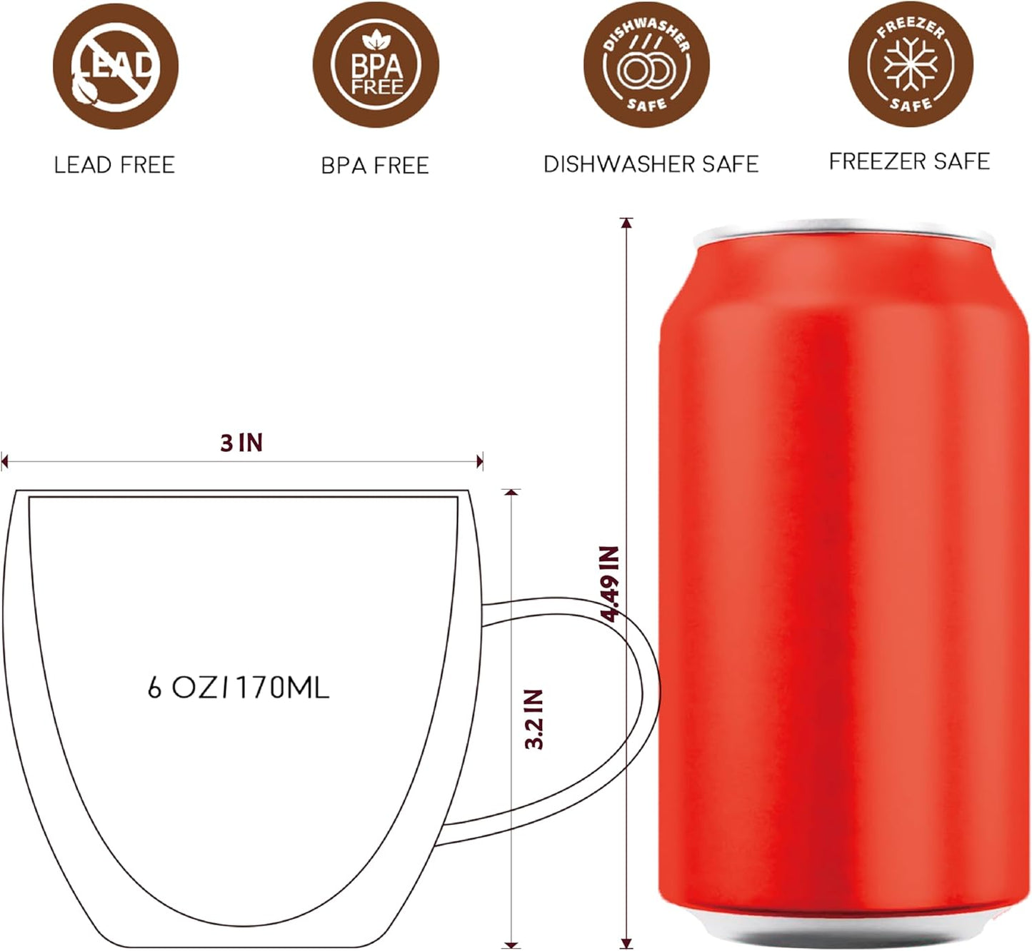 Espresso Cups Set of 4, 6oz /170ml Double Walled Glass Coffee Mugs With Handle, Hand Blown Insulated Espresso Shot Glass Cups,Perfect For Cappuccinos,Latte,Tea, Coffee Lovers Gifts