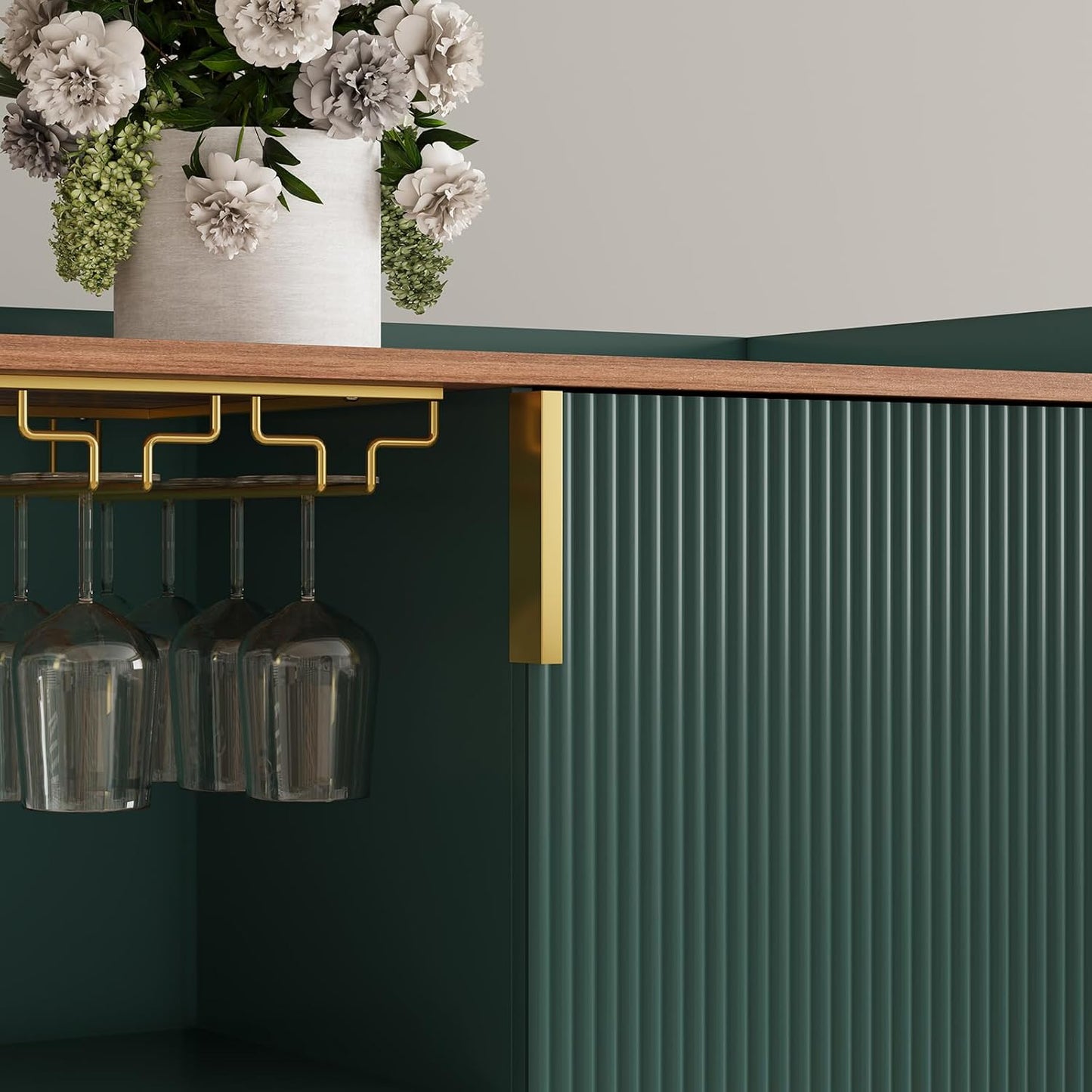 ARTPOWER 48" Wine Bar Cabinet with Fluted Texture, Modern Buffet Sideboard with Wine Rack and Glass Holder, Liquor Coffee Station with Storage for Kitchen, Living Room, Home Bar, Green