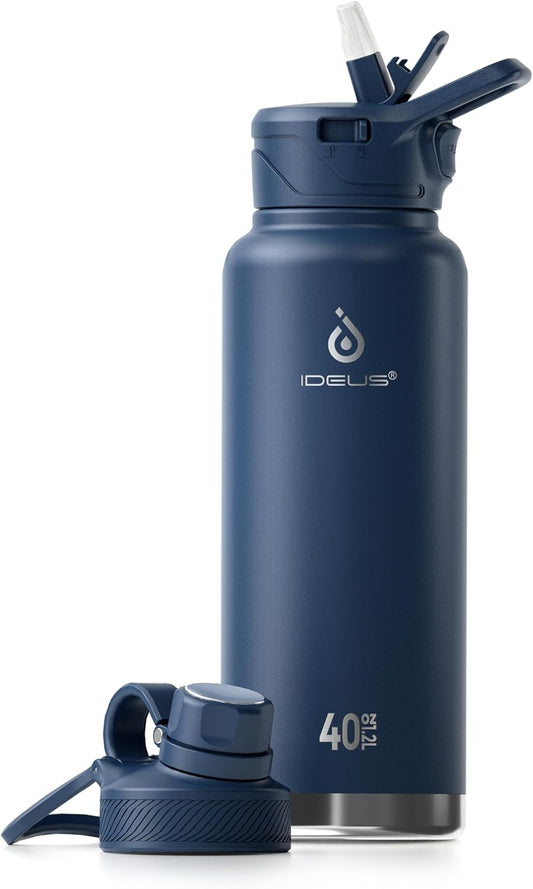 IDEUS Insulated Stainless Steel Water Bottle with 2 Leak-Proof Lids, Thermal Water Flask for Hiking Biking, 40oz, Navy Blue