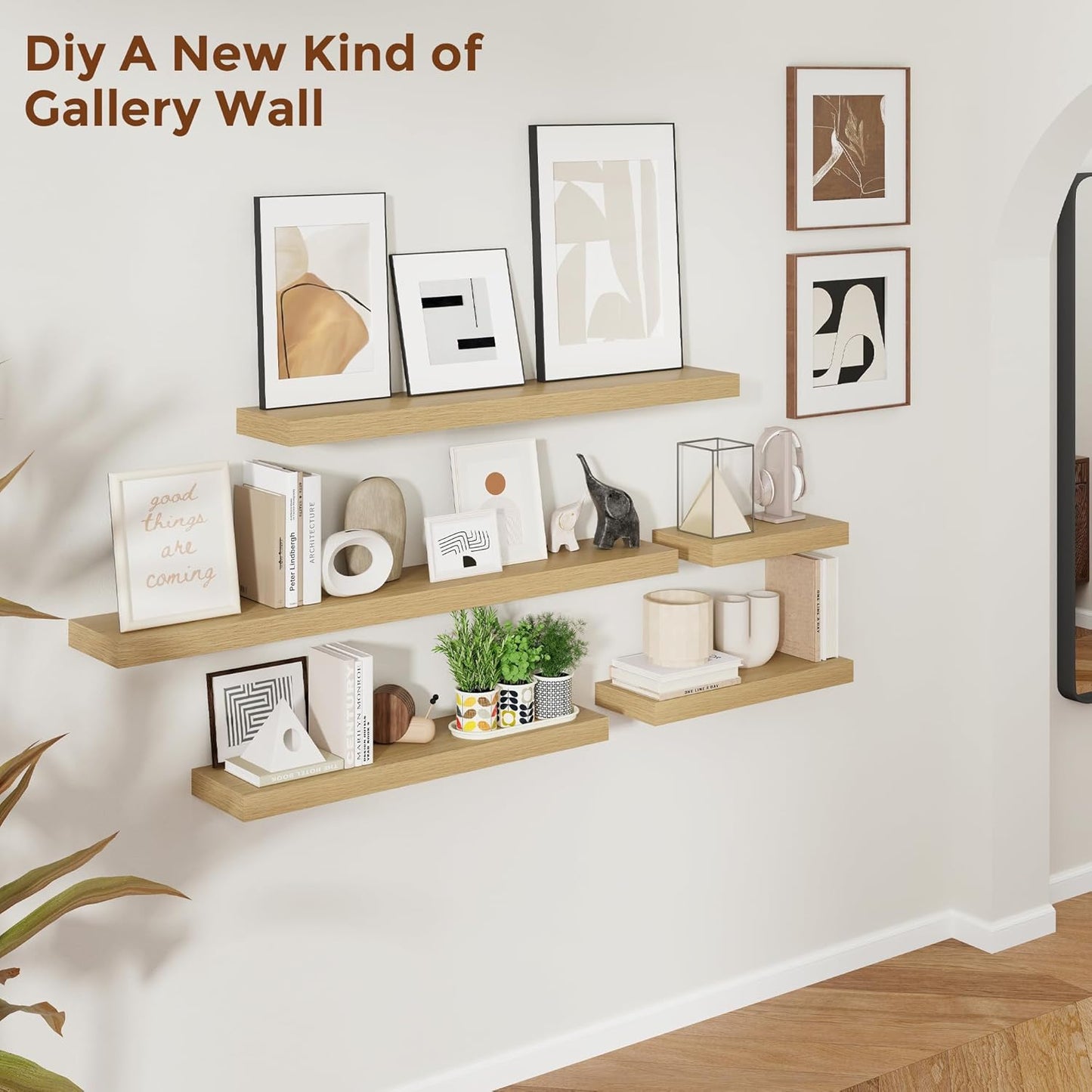 Heimlove 24 Inch Floating Shelves for Wall Oak Shelves Set of 2,Wall Mounted Rustic Wood 8 Inch Deep Floating Shelf with Invisible Brackets for Bedroom Kitchen Living Room