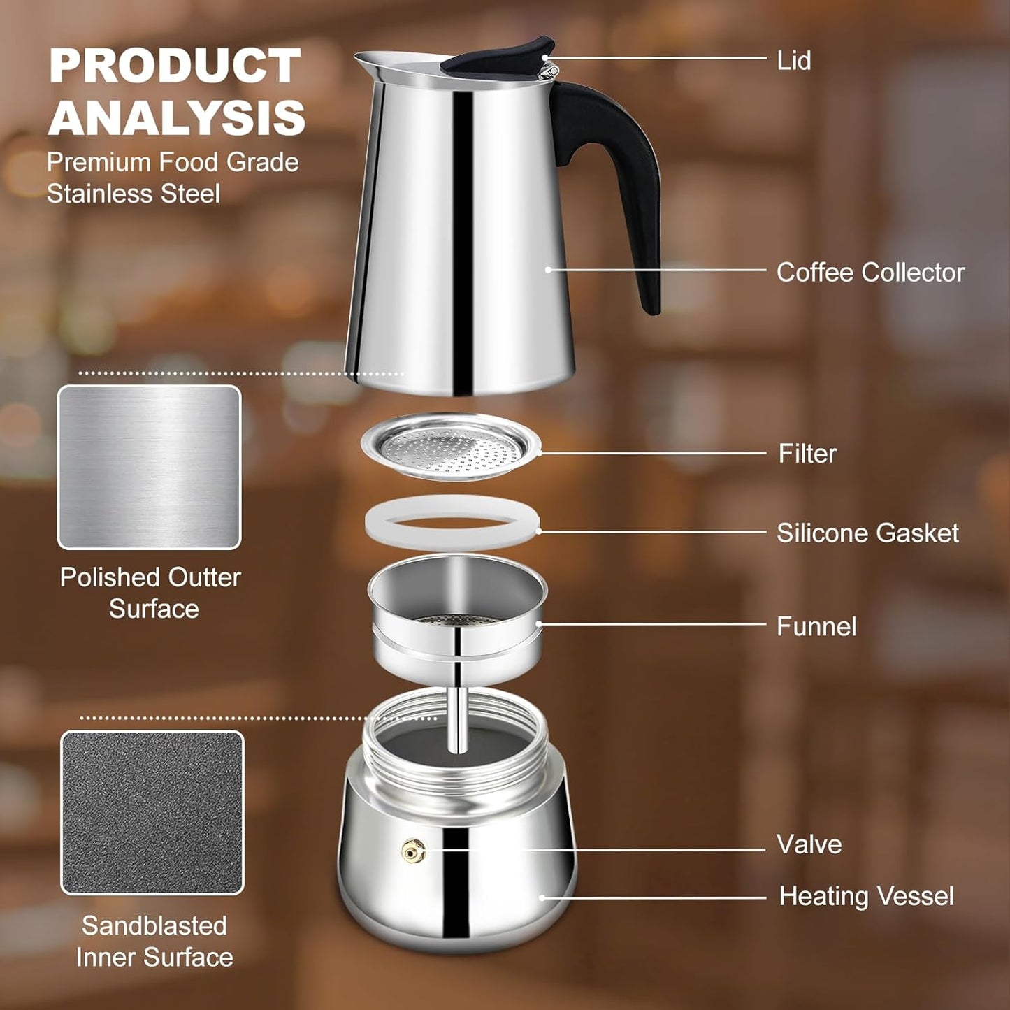 4 Cup Stovetop Espresso Maker Stainless Steel Moka Pot Stove Top Percolator Italian Coffee Makers Capable Mocha Greca Machine Cafe Classic Induction Cookers for Home and Camping 200ml 6.6oz