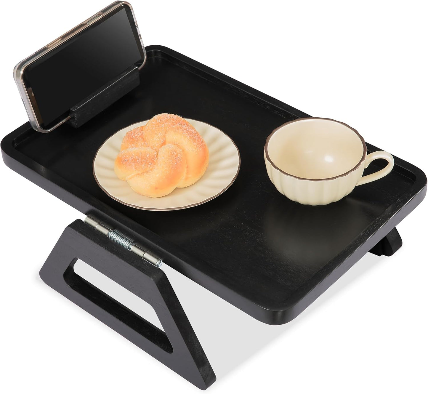 Acacia Wood Sofa Armrest Tray -15.4 x 9.84 in Double Hinge Sofa Arm Tray Table Clip-Couch Arm Table-Wooden Side Tables for Eating and Drink (Acacia, 15.4" D x 9.84" W x 5.7" H)(Black)