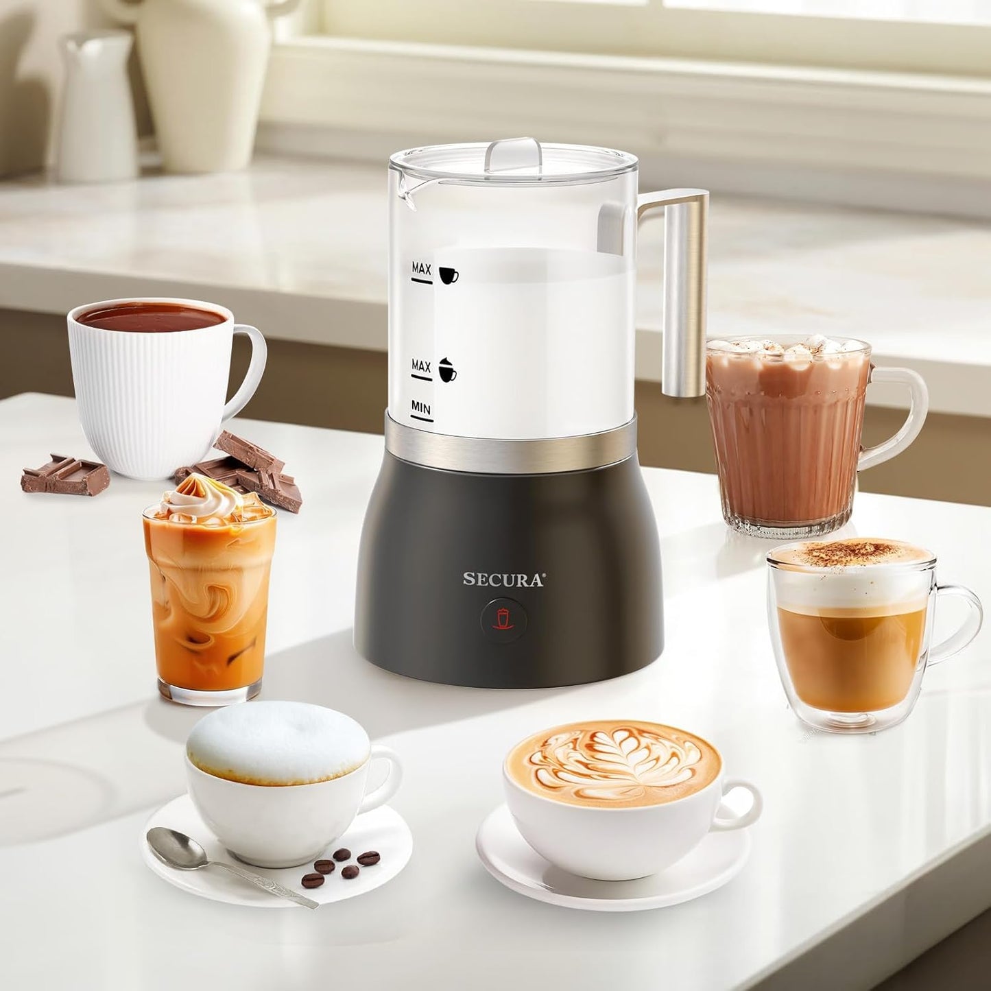 Secura Detachable Milk Frother and Steamer, 17oz Electric Milk Warmer 4-in-1 Hot/Cold Foam Maker for Latte, Cappuccinos, Macchiato, Hot Chocolate, Glass Milk Jug Dishwasher Safe