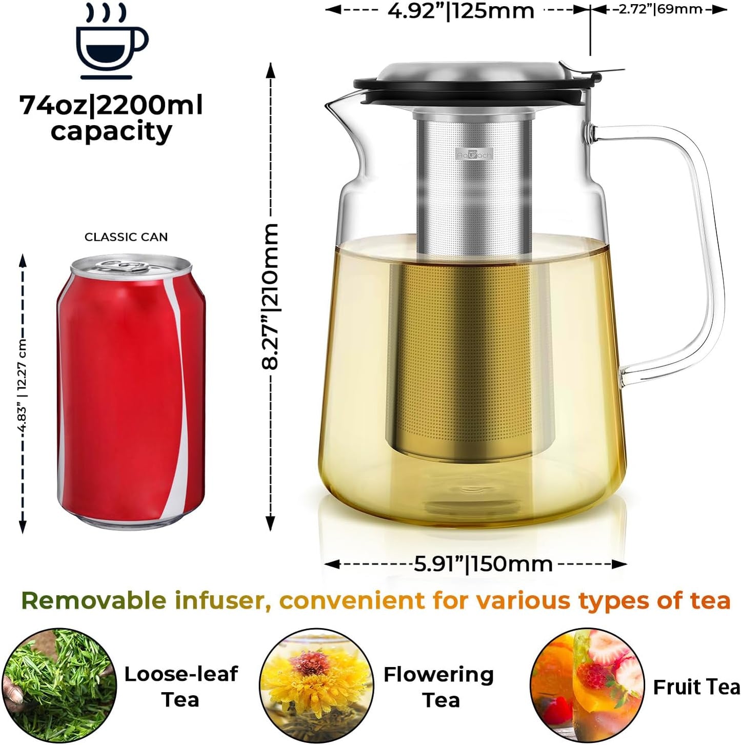 Aquach Glass Teapot with Removable Infuser - 74oz Borosilicate Tea Pot for Stovetop & Cold Brew, Stainless Steel Filter for Loose Leaf/Iced Tea