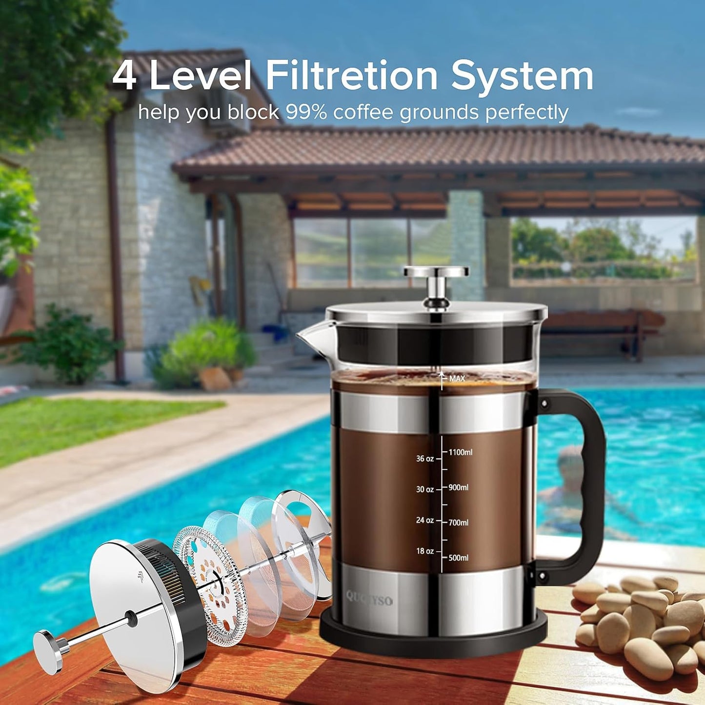 QUQIYSO French Press Coffee Maker 51oz 304 Stainless Steel French Press with 4 Filter, Heat Resistant Durable, Easy to Clean, Borosilicate Glass Coffee Press, Sliver