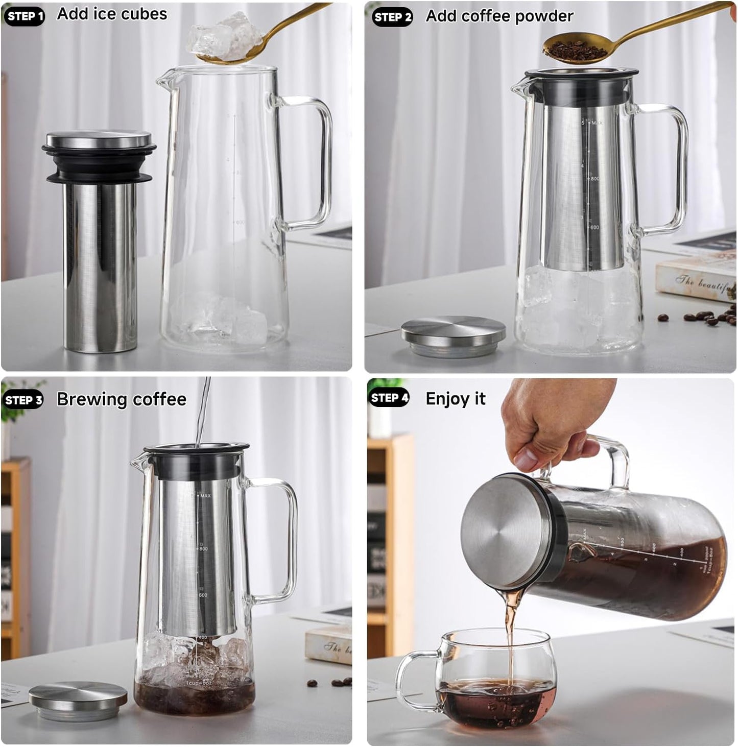 Cold Brew Coffee Maker Borosilicate Glass with 304 Stainless Steel Filter, Tea Infuser Ice Cold Brew Pitcher Kitchen, with Spout Kitchen Iced (48oz (1.4 L))