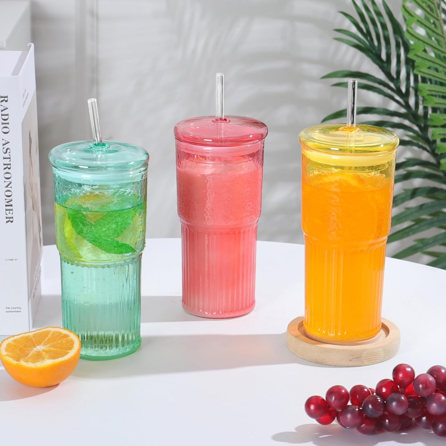 20 OZ Glass Cup with Lids and Glass Straws, High Borosilicate Iced Coffee Glass Tumblers with Lid and Straw for Drinks, 2pcs Reusable Wide Mouth Smoothie Cup(Cyan)