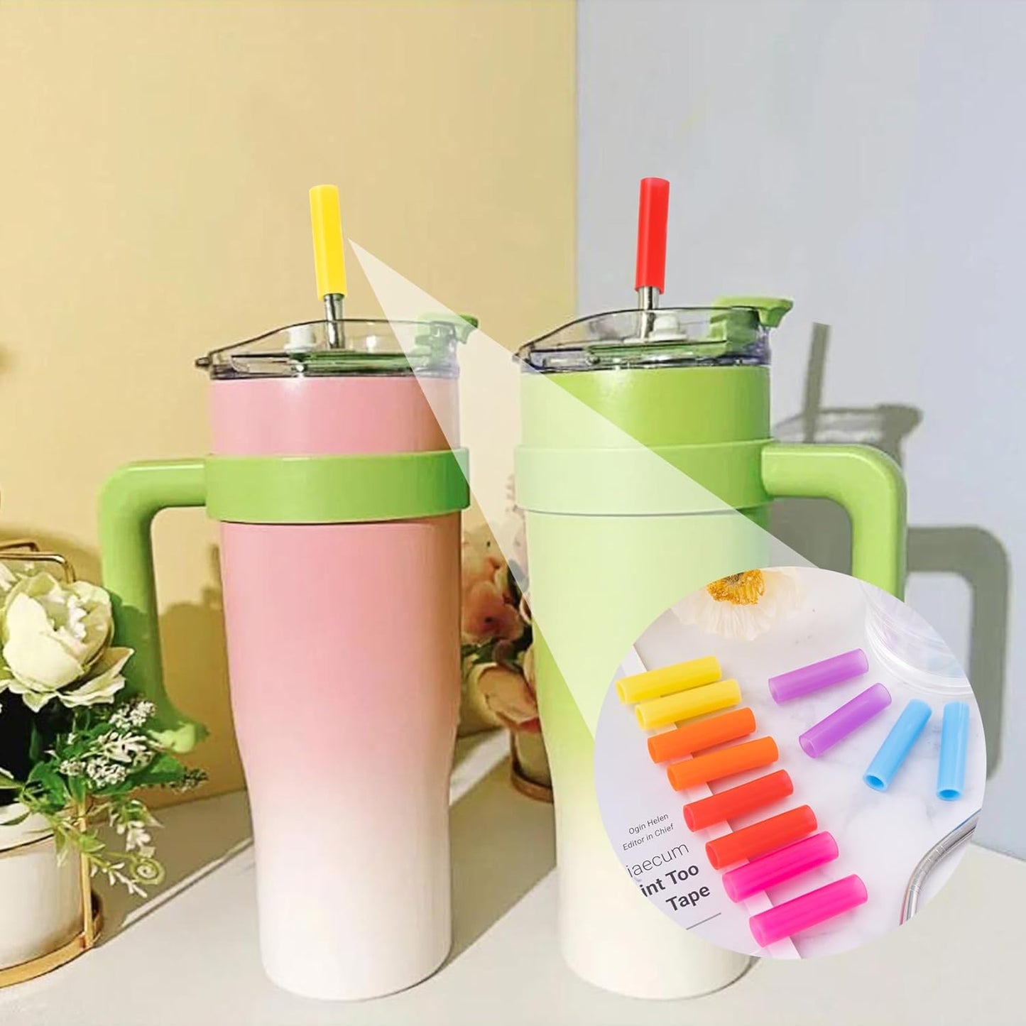 12pcs Food-Grade Silicone Metal Straw Tips, Reusable Straight Straws Cover Replacement Tips, Soft Straw Toppers Kits for 8 mm Stainless Steel Metal Straws - 6 Colors