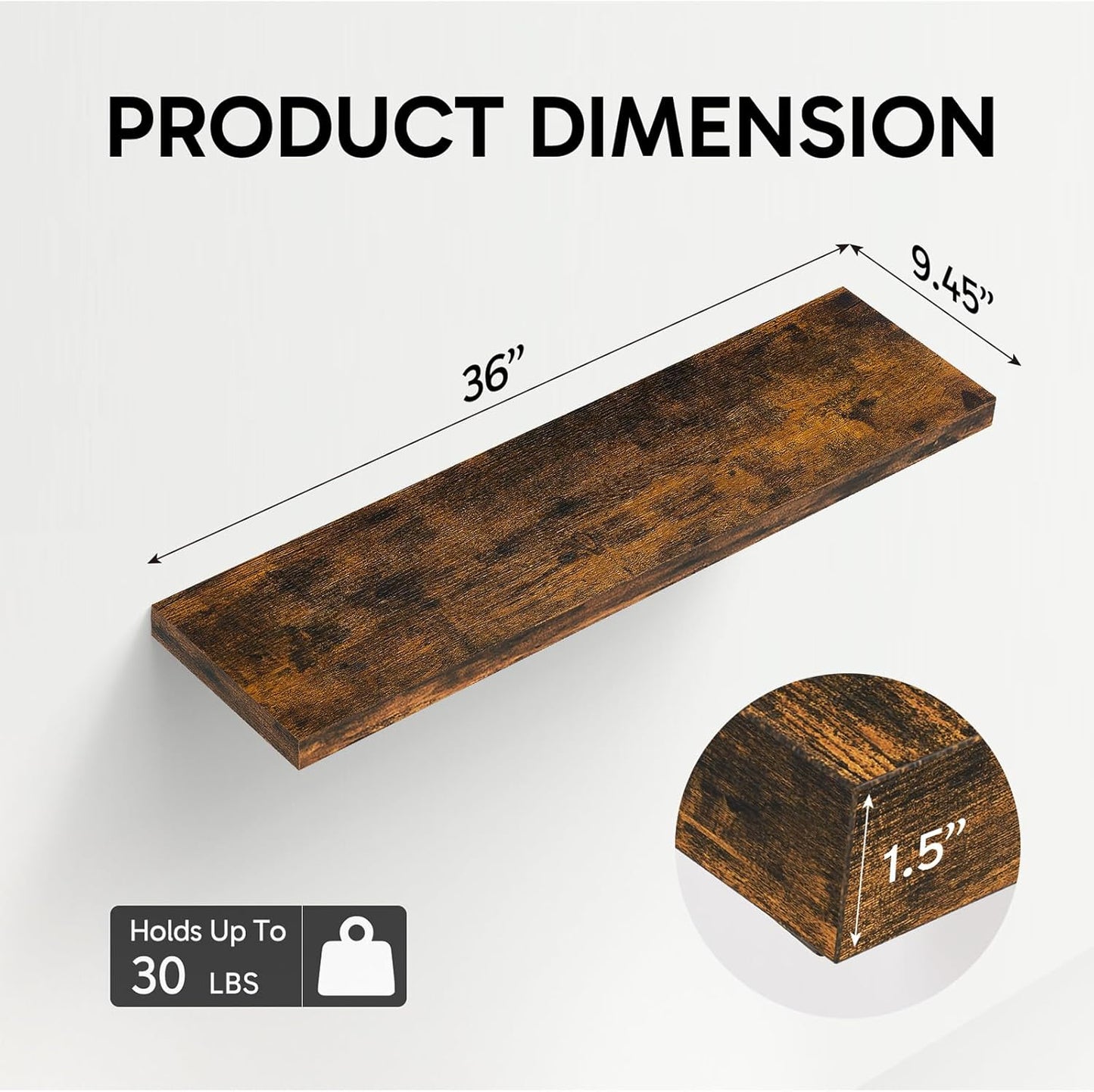 BAYKA Floating Shelves, 36" Wall Mounted Rustic Wood Shelves for Bathroom, Bedroom, Living Room, Kitchen, Office, Hanging Shelf for Books/Storage/Decor(Rustic Brown,Set of 2)